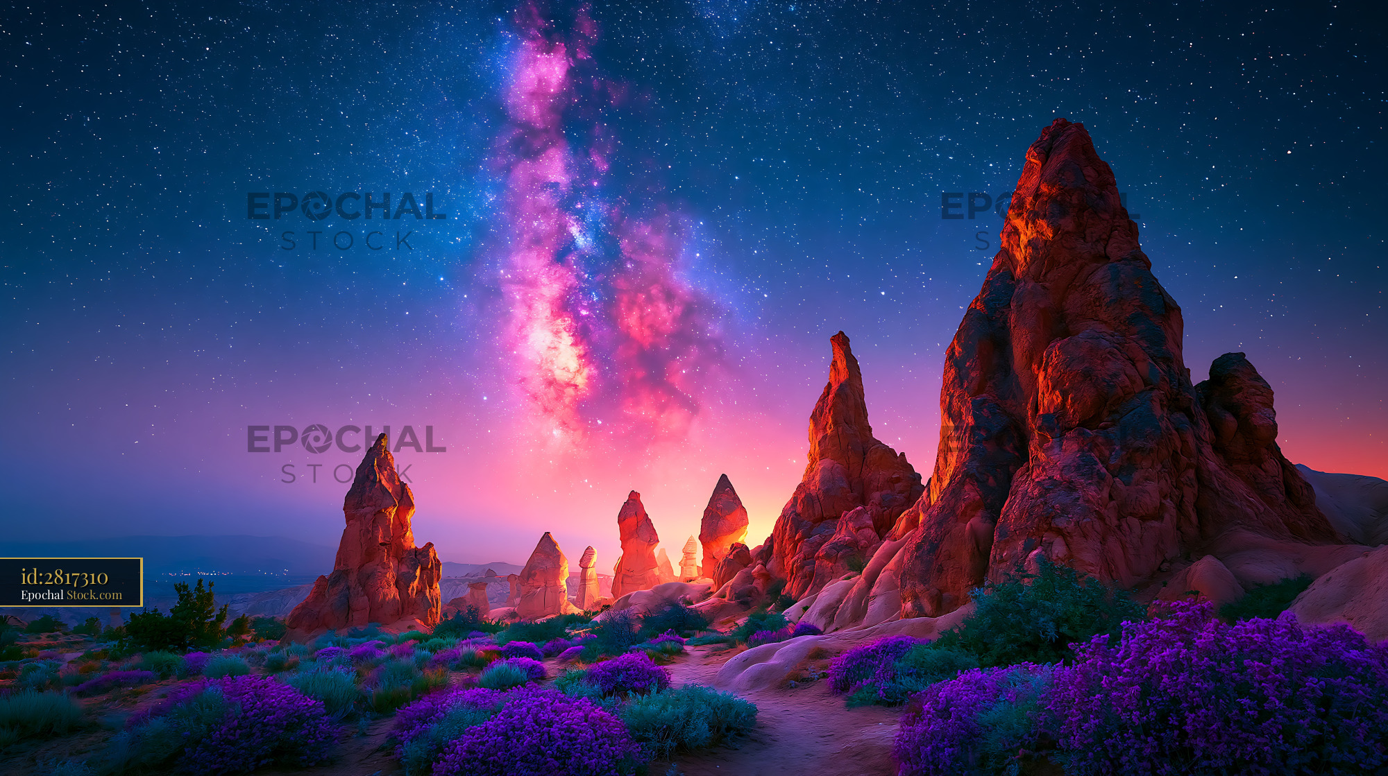Milky Way galaxy over dalmatian stone spires in a desert at night - stock photo