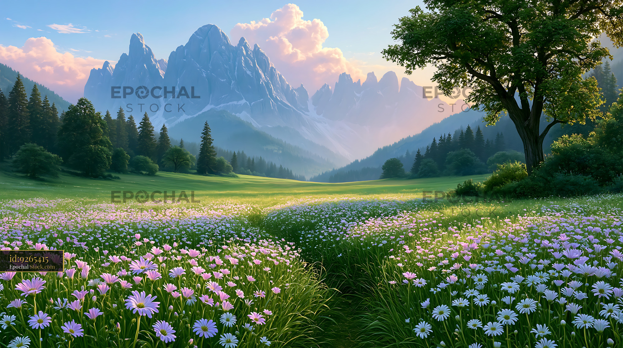 Alpine meadow with flowers during indian marigold harvest at sunset - stock photo