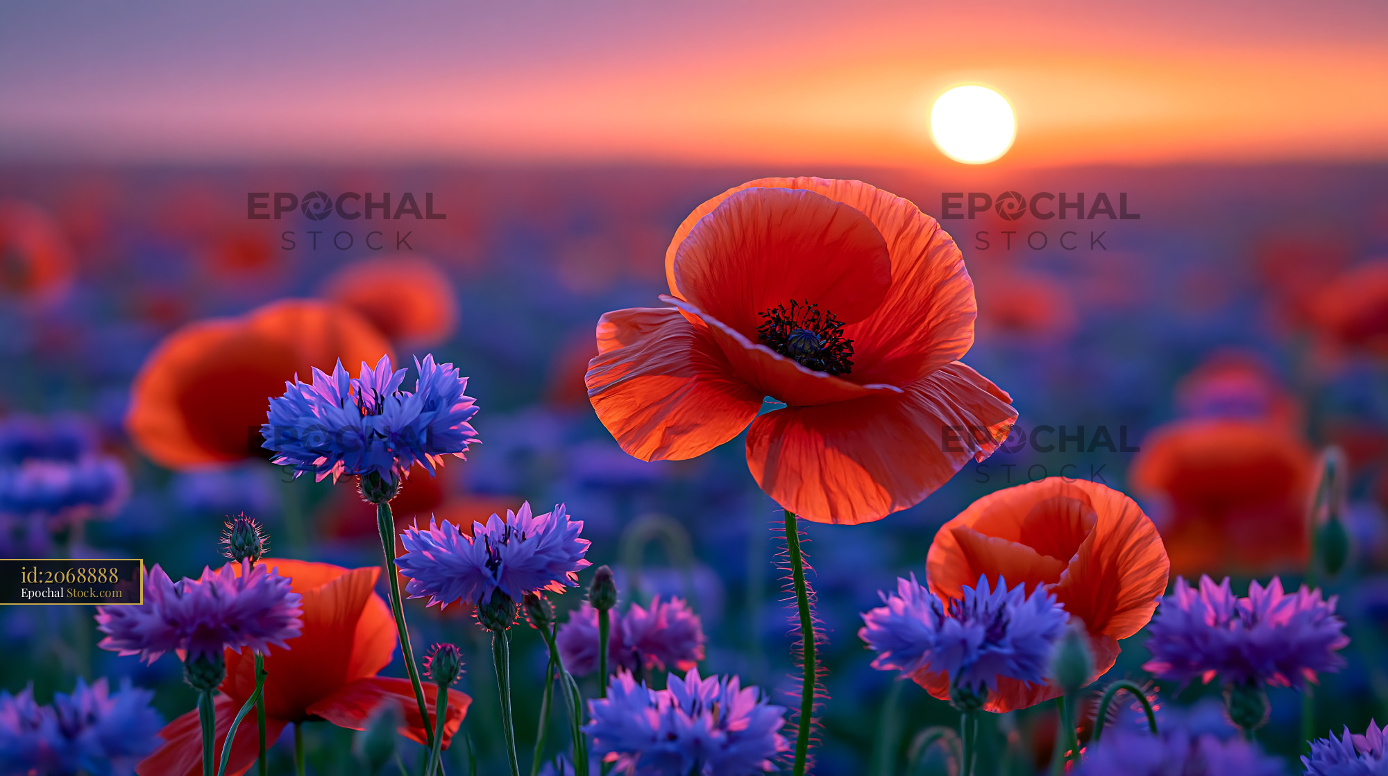 Red poppy and blue cornflowers on a sea thrift cliff at sunset