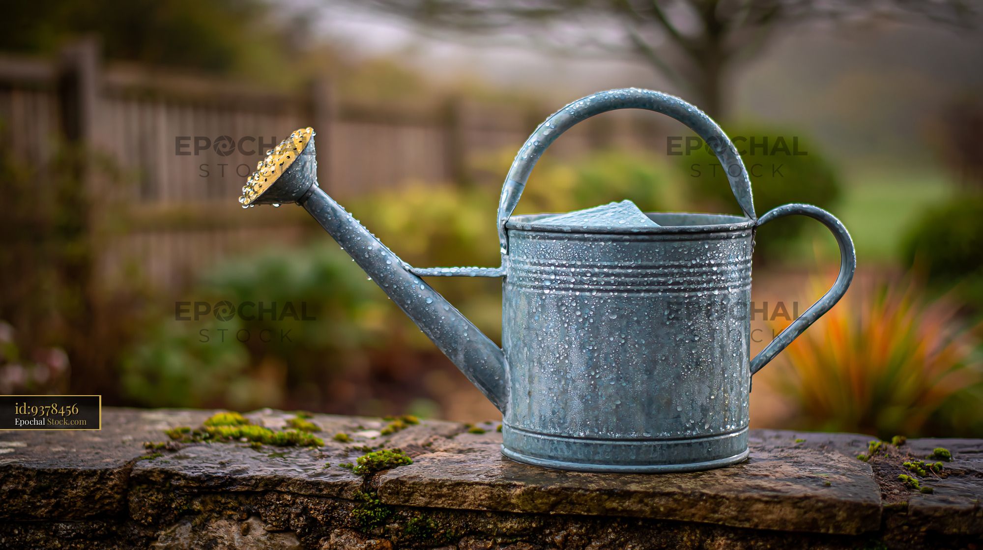 Vintage metal watering can with water droplets on a mossy stone wall