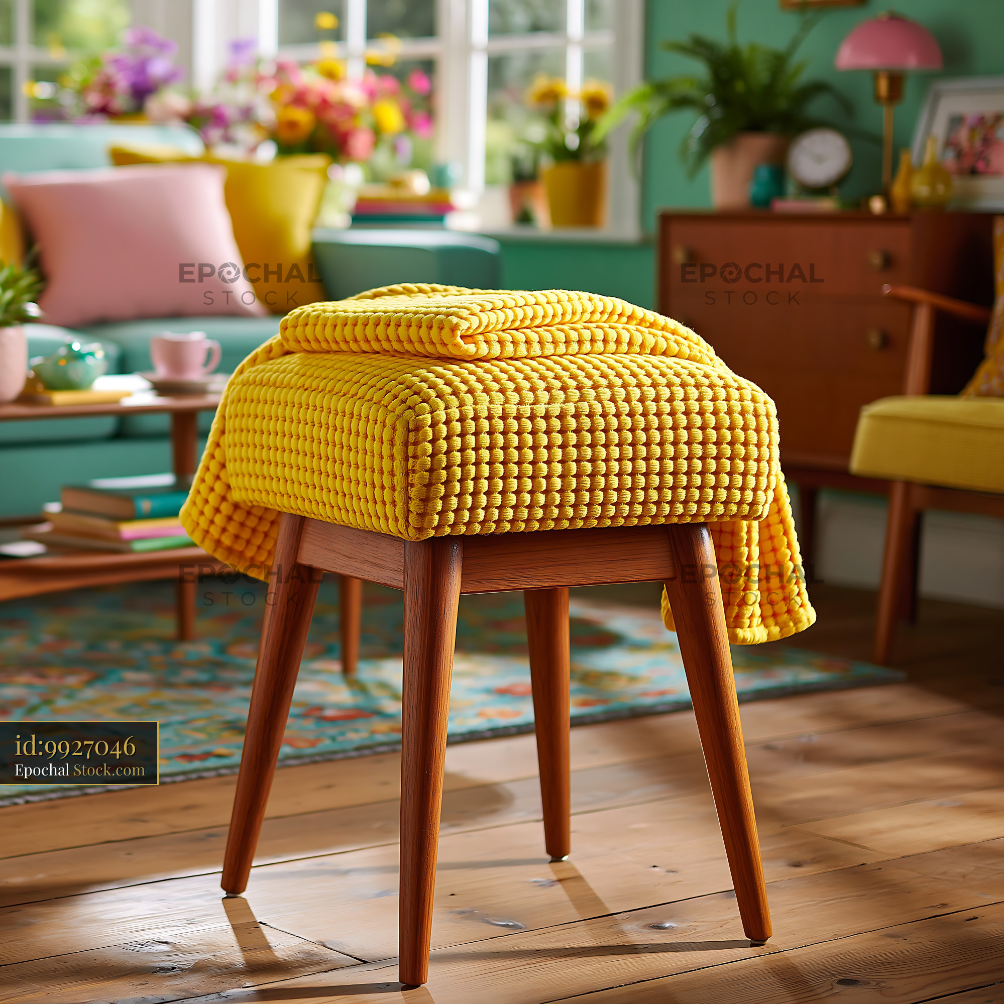 Mid-century wooden seat with throw in a bright colorful living room - stock photo