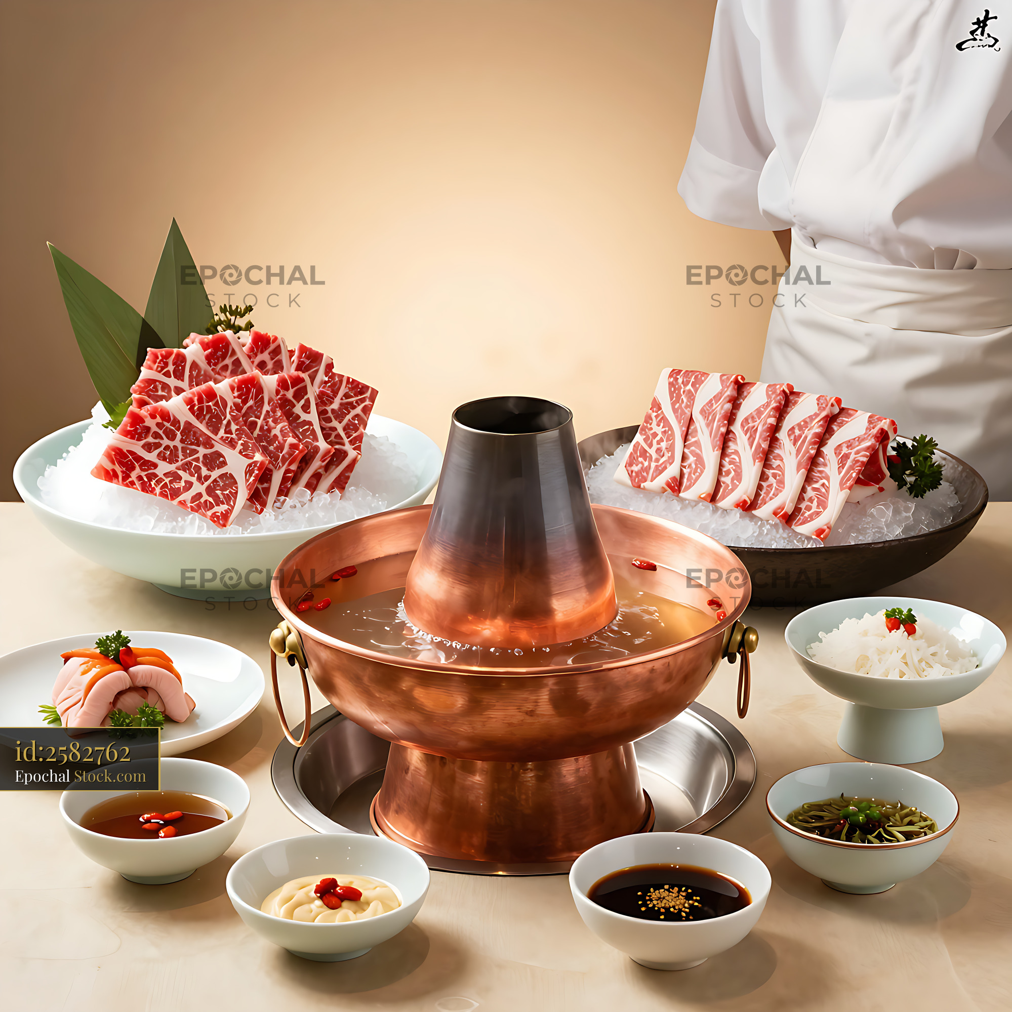 A5 Wagyu hot pot with goji and ginseng served in a copper pot - stock photo