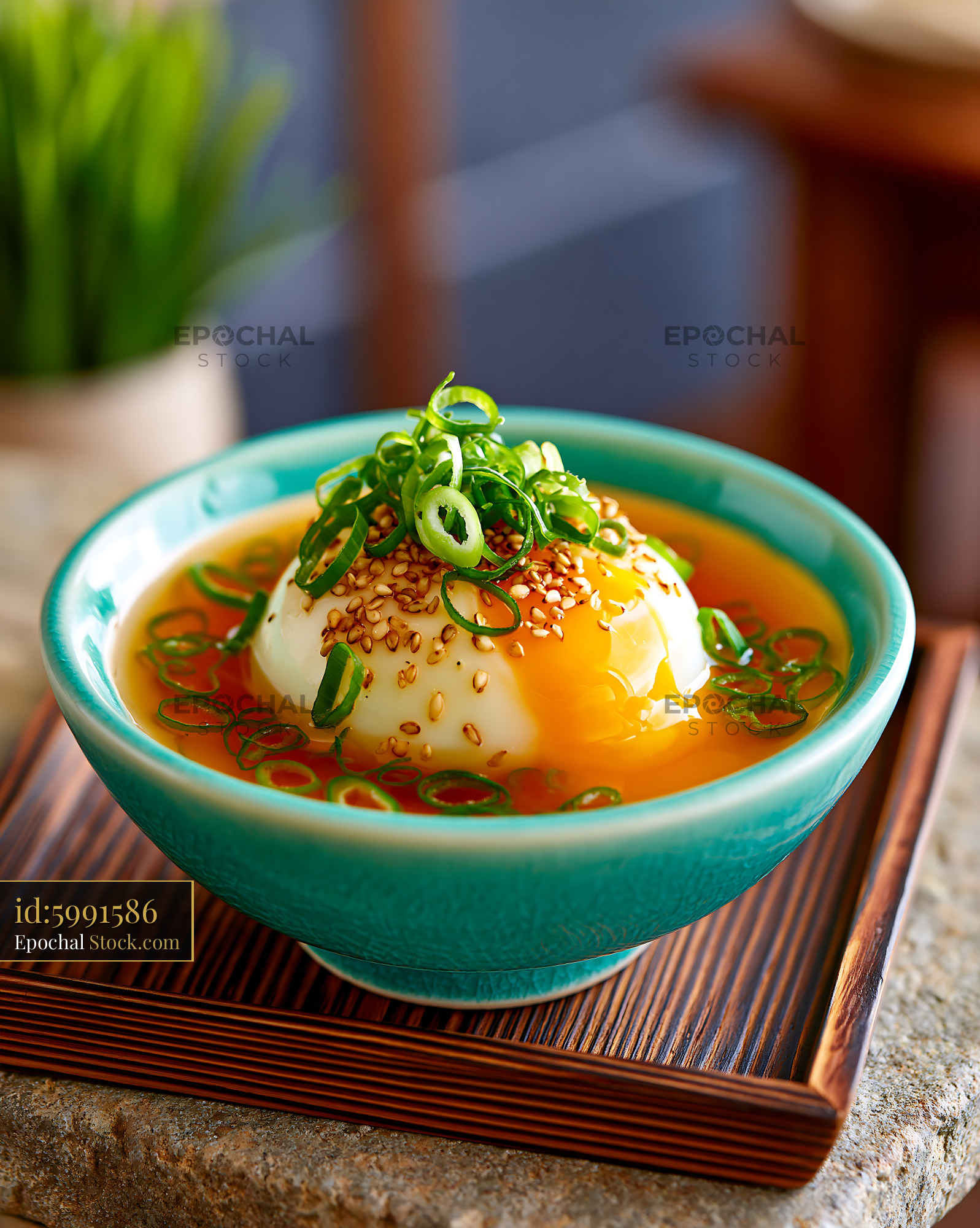 Japanese onsen tamago egg with green onions and sesame in a teal bowl - stock photo