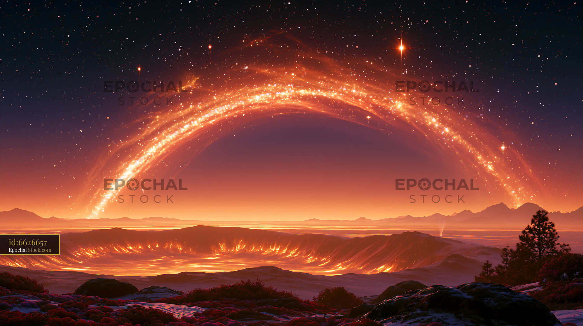 Glowing meteor crater night landscape with fiery cosmic arc - stock photo