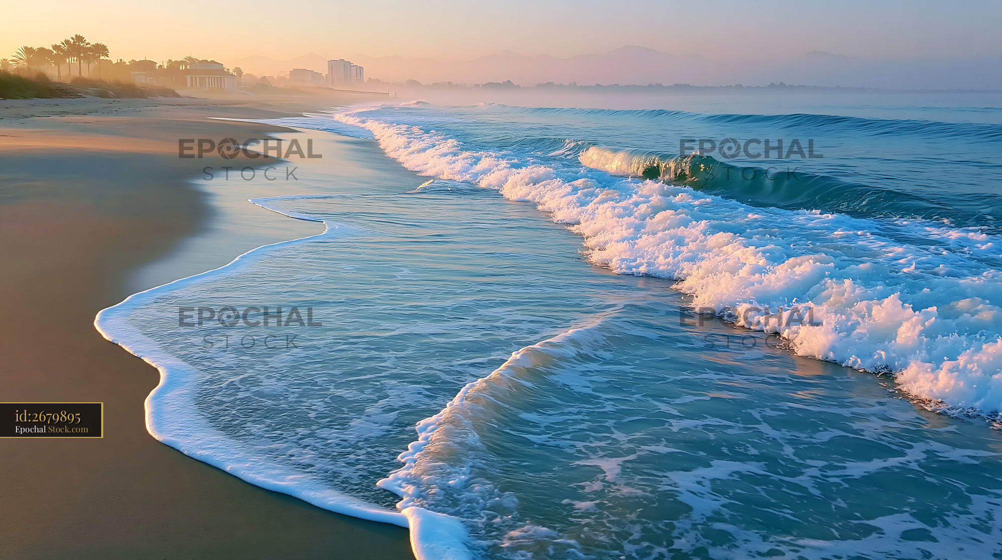 Endless surf line along a sandy beach at golden sunrise - stock photo