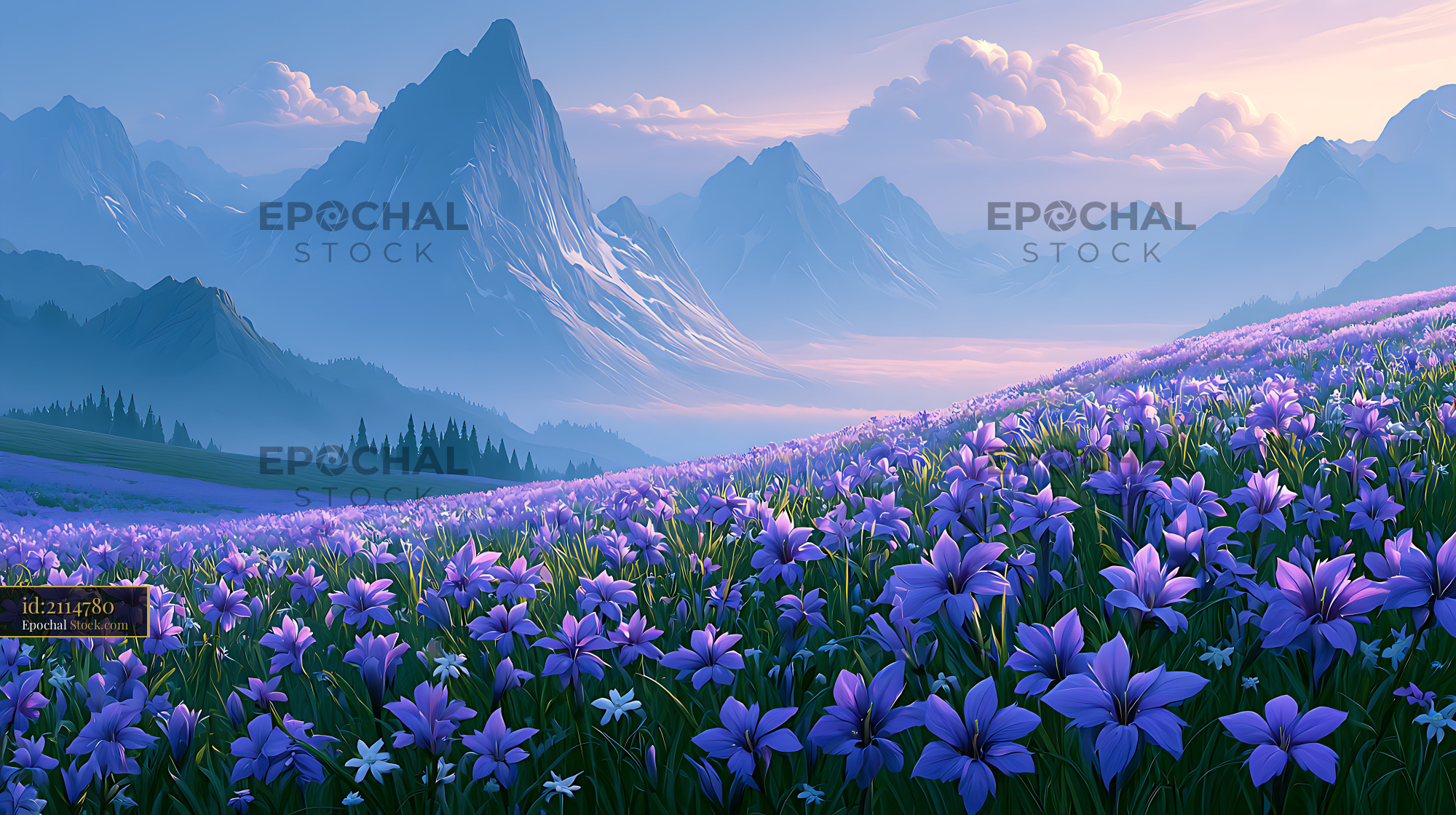 Alpine gentian edelweiss meadow with majestic mountains at sunrise - stock photo