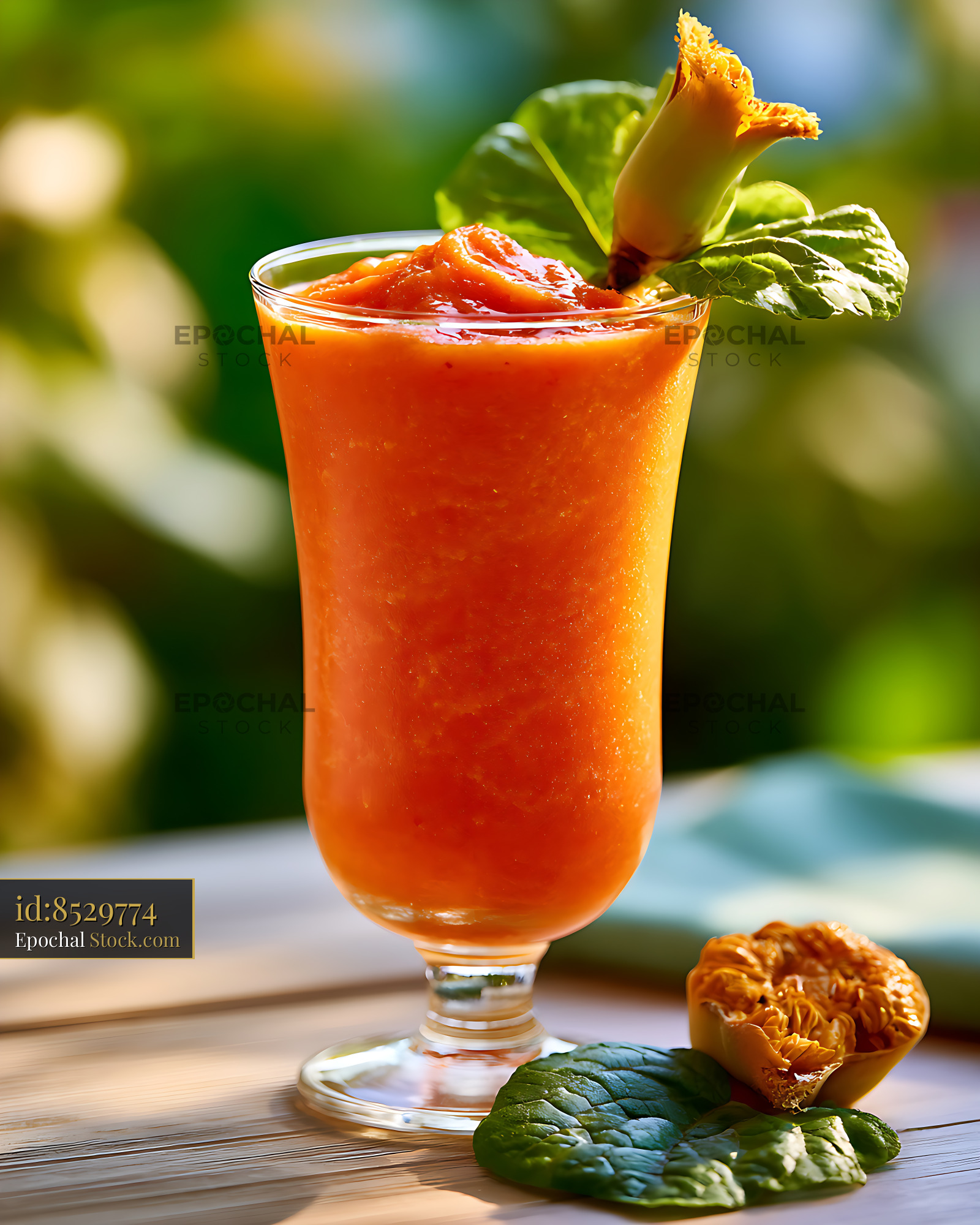 Refreshing Tanzanian baobab smoothie in a glass on a sunny terrace - stock photo