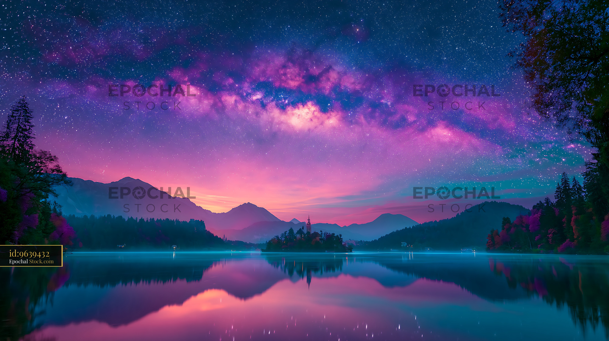 Starry Milky Way over mediterranean cliffs and tranquil lake at night - stock photo