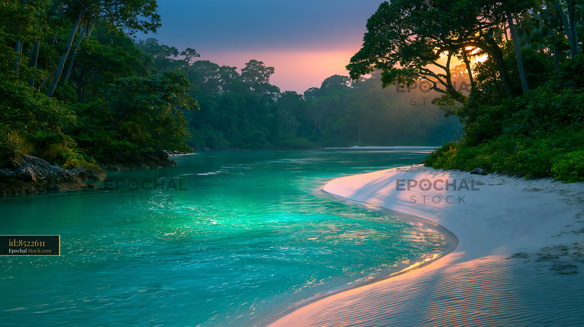 Tropical jungle inlet with white silica sand beach at sunset - stock photo