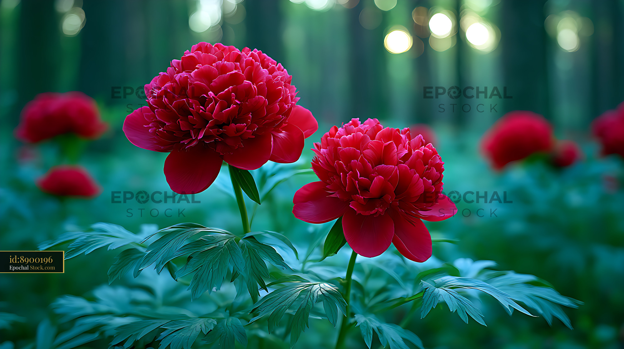 Vibrant red peonies blooming in a romanian wild peony meadow - stock photo