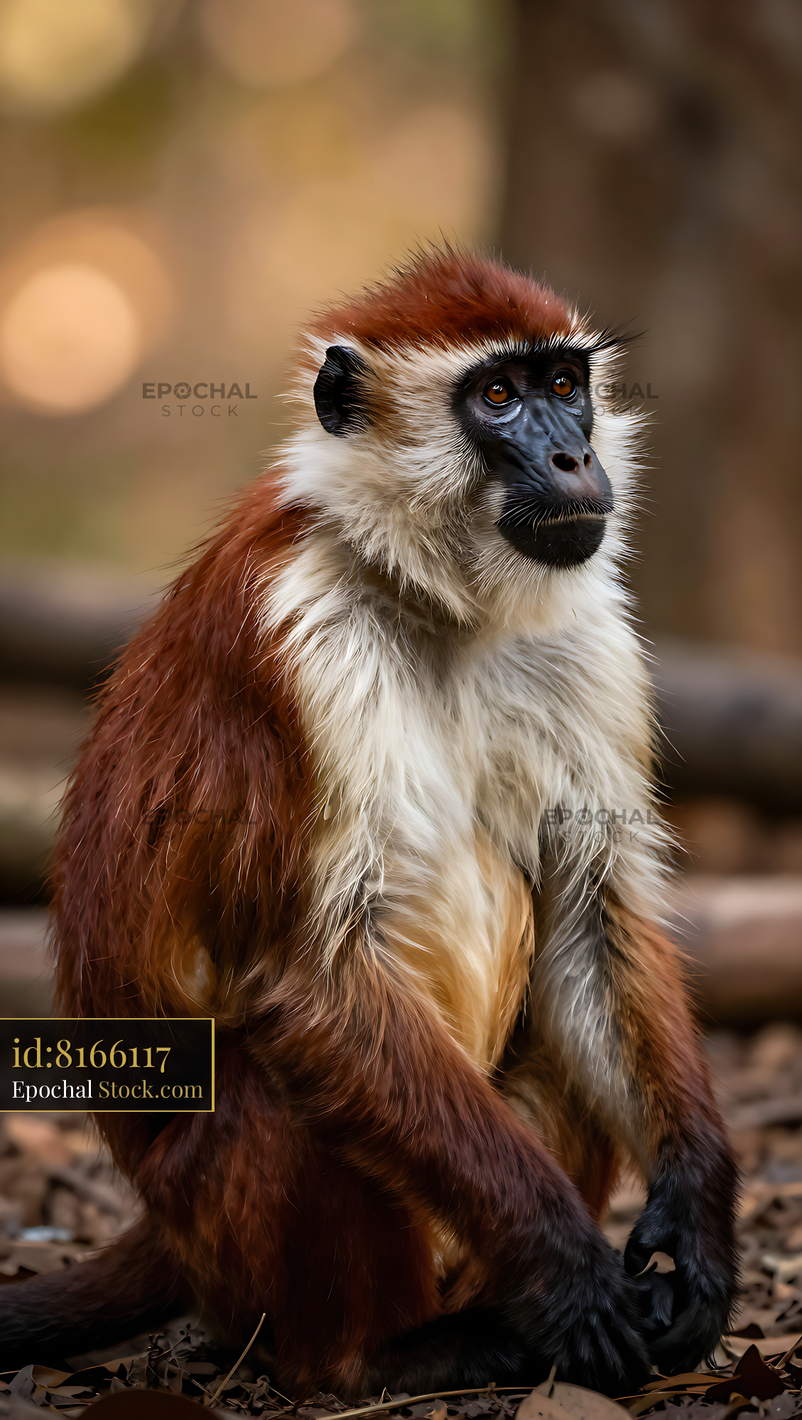 Patas monkey sitting on the ground in a sunlit forest - stock photo