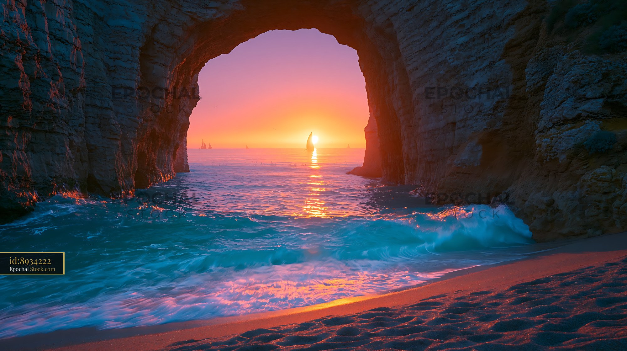 Sunset view through a natural sea cave arch with a sailboat at sea - stock photo