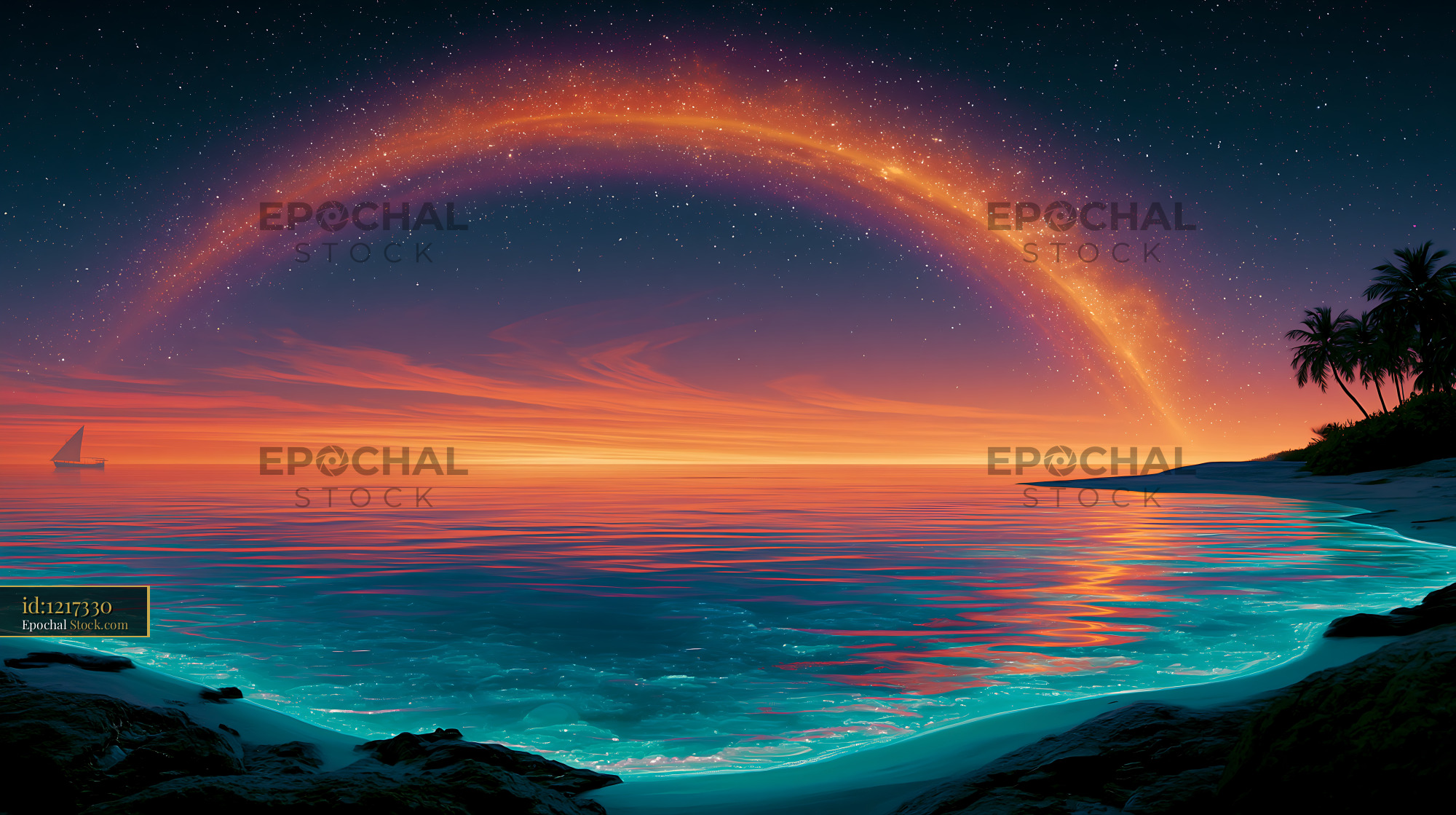 Glowing celestial arc of a mongolian aurora night over a tropical beac - stock photo