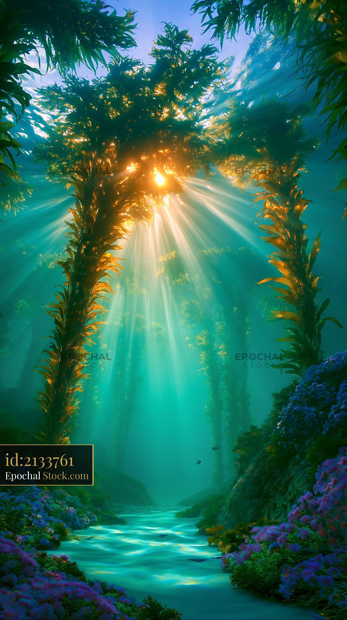 Sunlight rays filtering through a lush underwater kelp forest - stock photo
