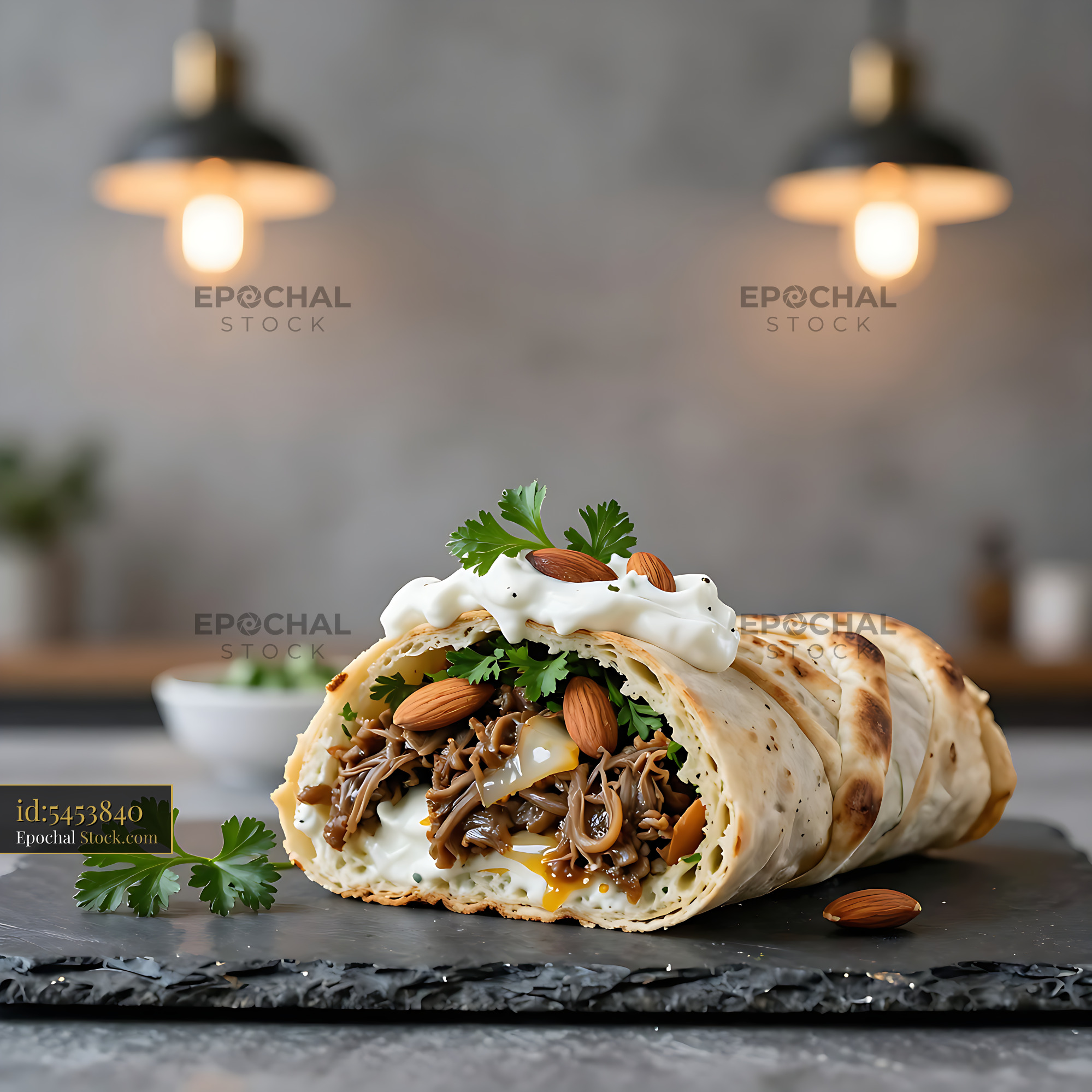 Gourmet Jordanian Mansaf roll with lamb and almonds on a slate board - stock photo