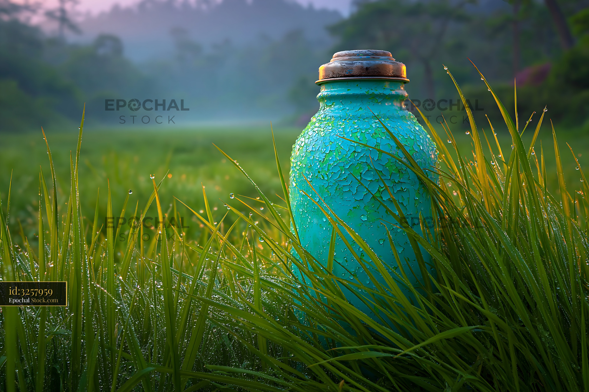 Turquoise vintage thermos in tall green grass with morning dew