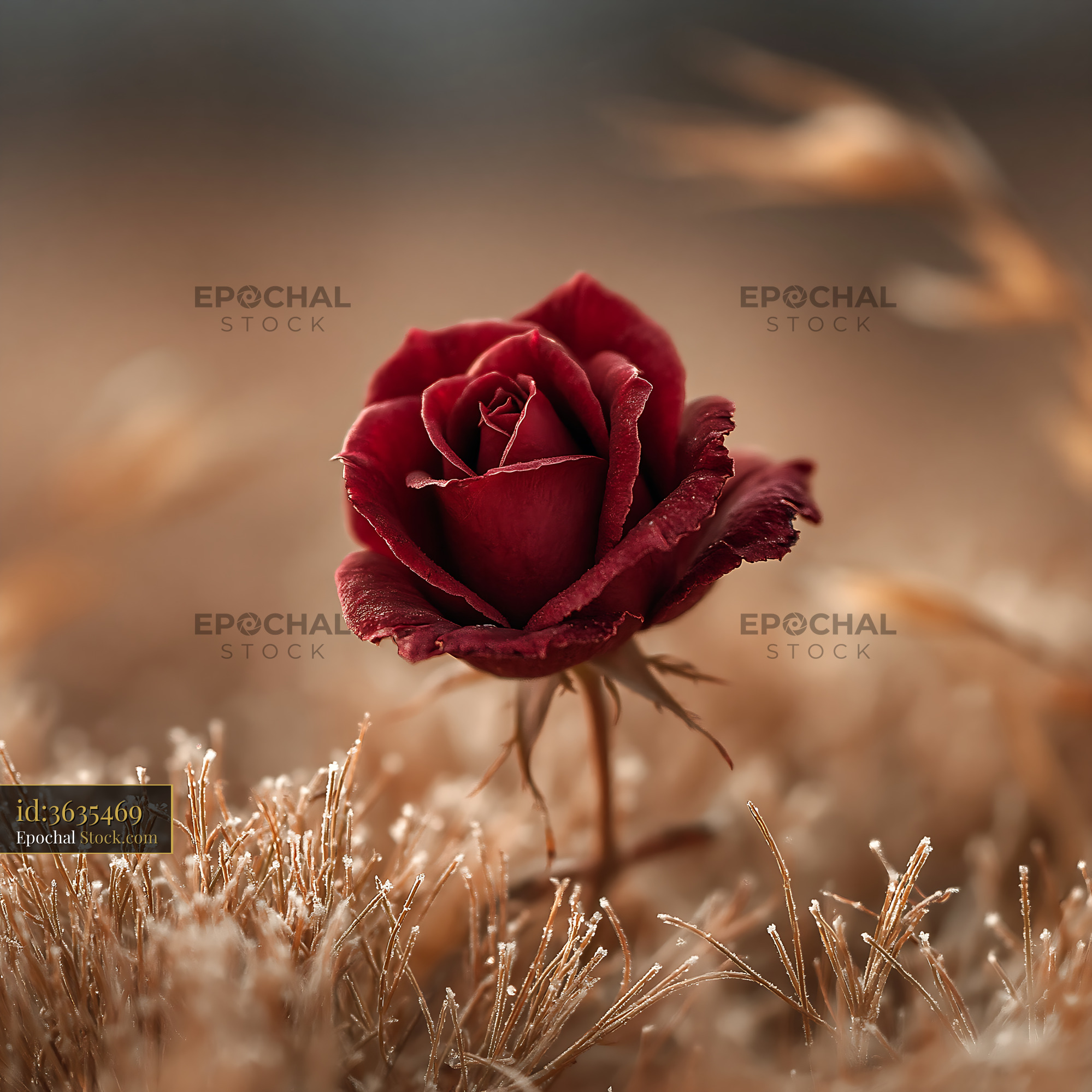 Red rose in frosted grass symbolizing the last rose of summer - stock photo