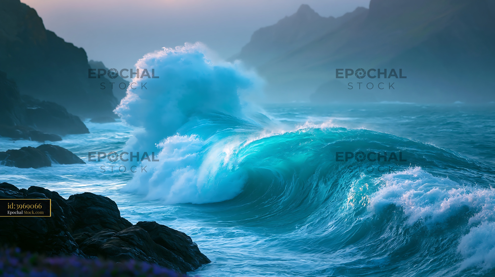 Majestic turquoise wave crashing against dark rocks on a misty coast - stock photo
