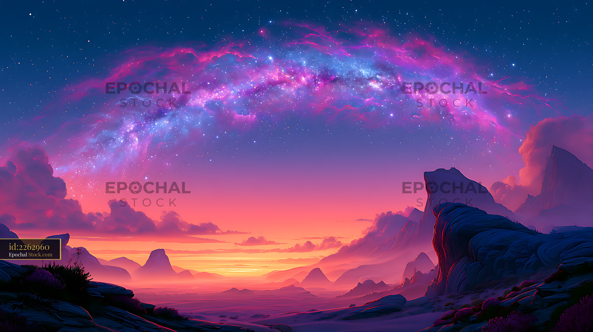 Vibrant galactic core canyon overlook with purple nebula and stars - stock photo