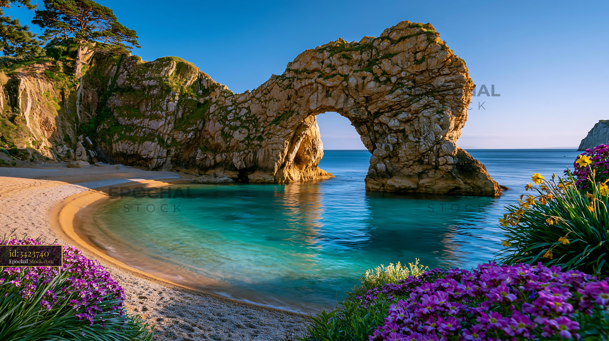 Natural stone arch at a turquoise beach with spring flowers - stock photo