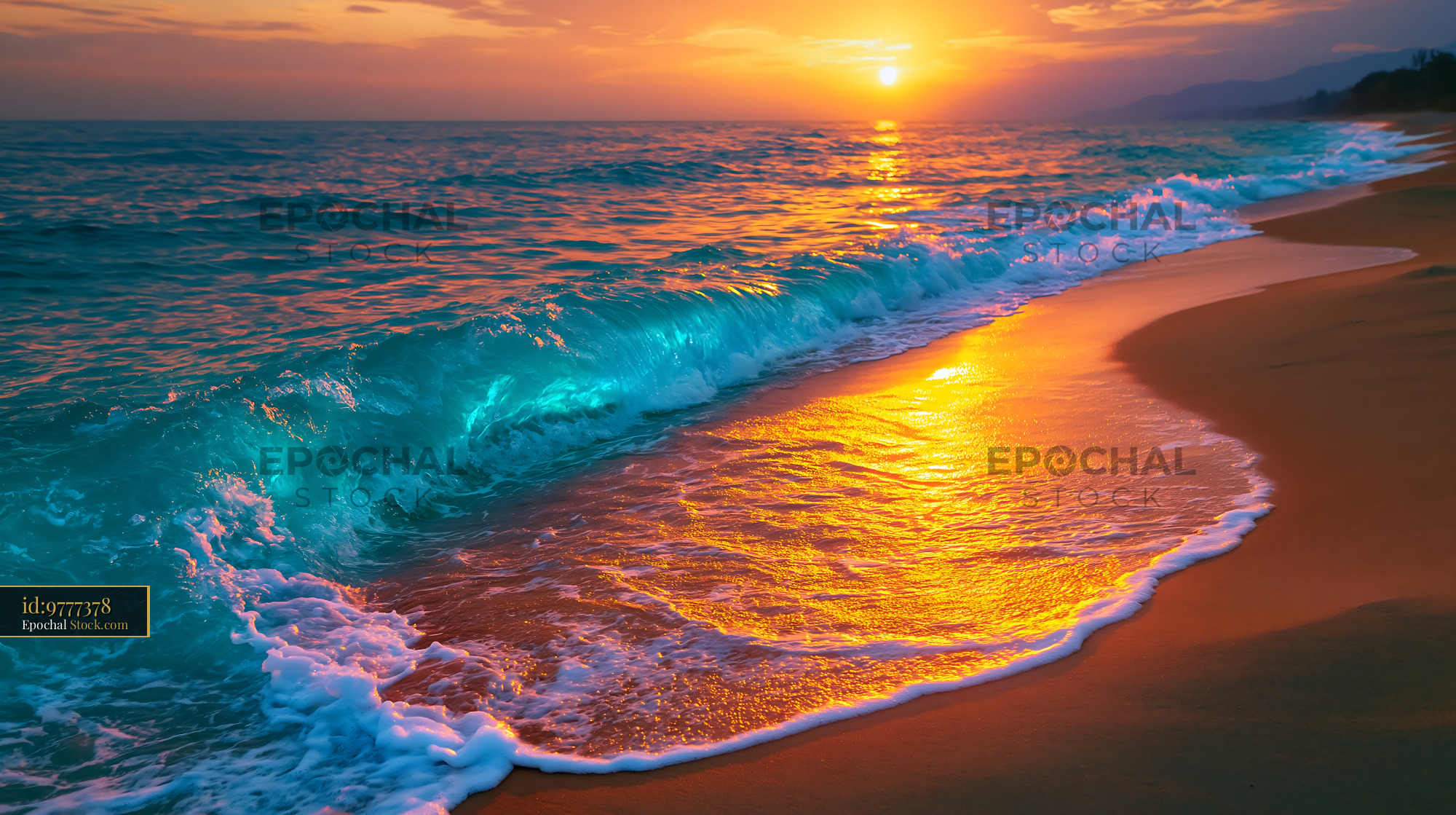 Vibrant turquoise wave breaking on sandy shore at sunset shimmer beach - stock photo