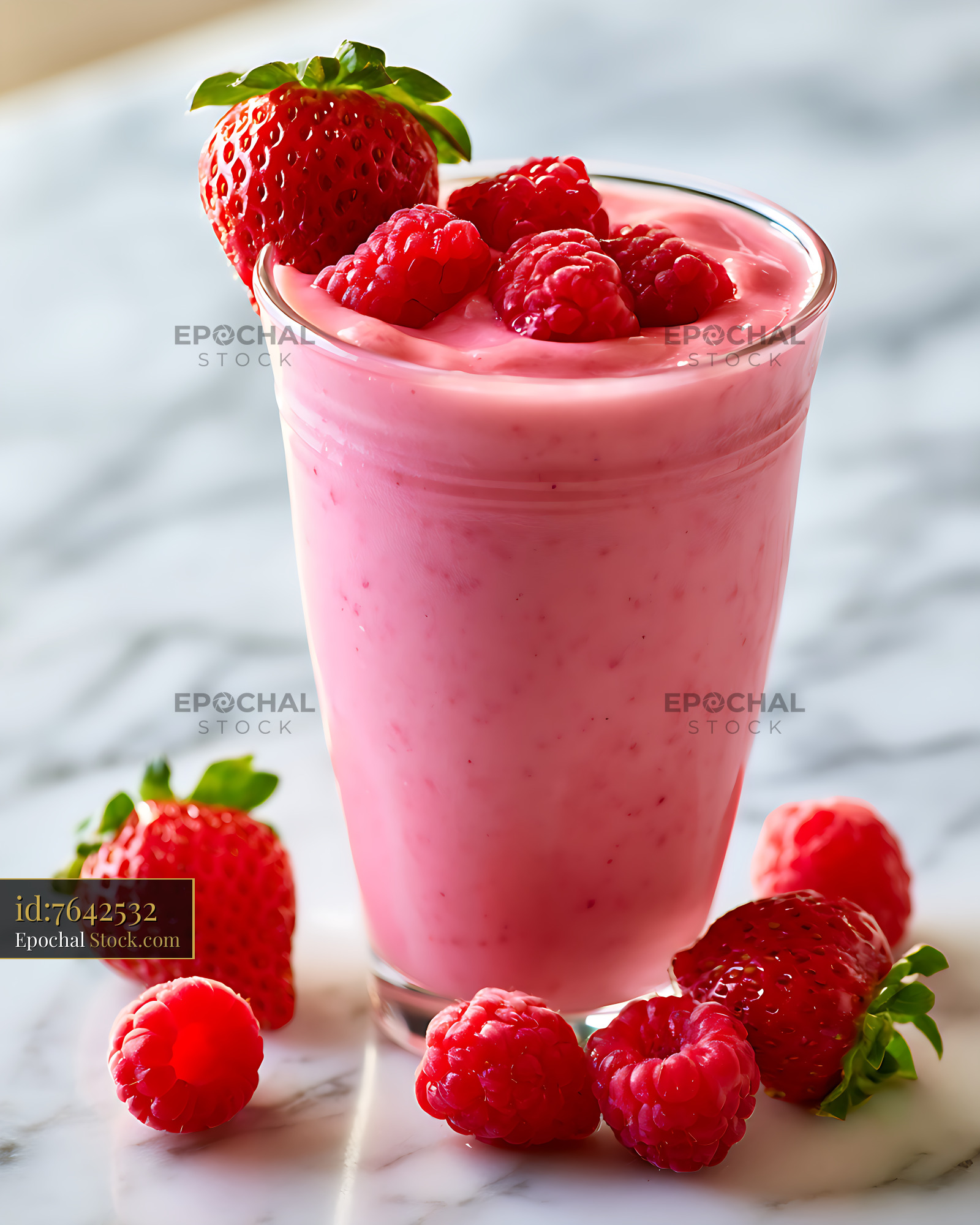Fresh berry kefir smoothie with strawberries and raspberries - stock photo