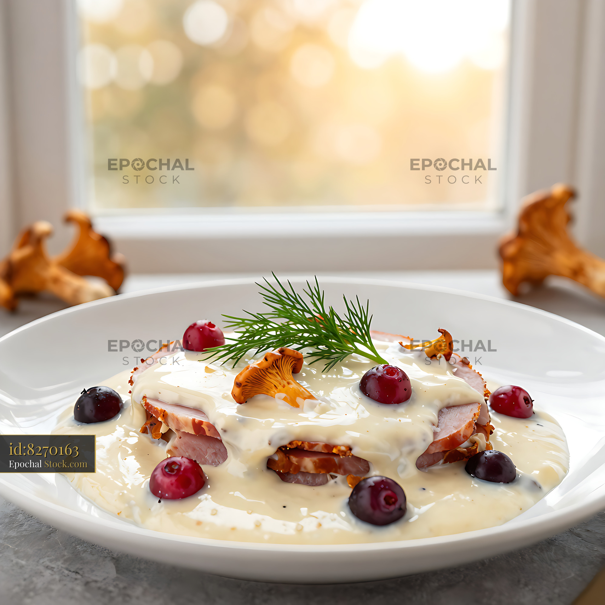 Traditional Finnish Christmas ham with creamy chanterelle sauce - stock photo
