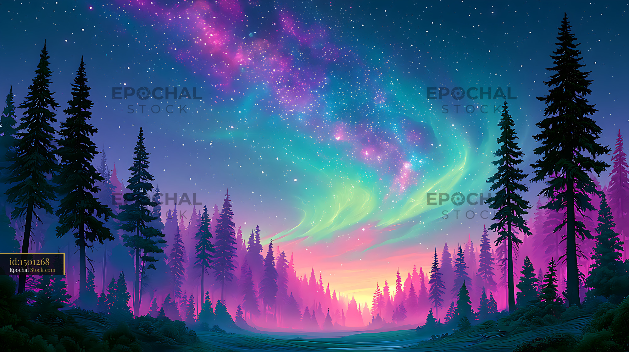 Aurora borealis and milky way galaxy over a boreal pine forest - stock photo