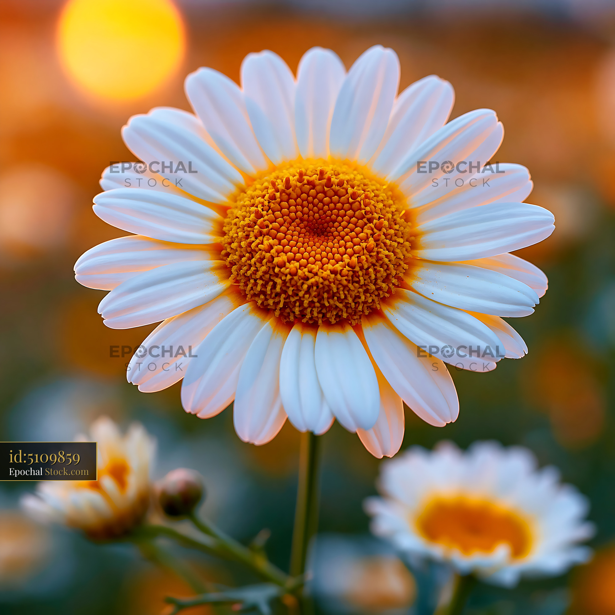 Calendula orange flower blooming in a sunny field at golden hour - stock photo