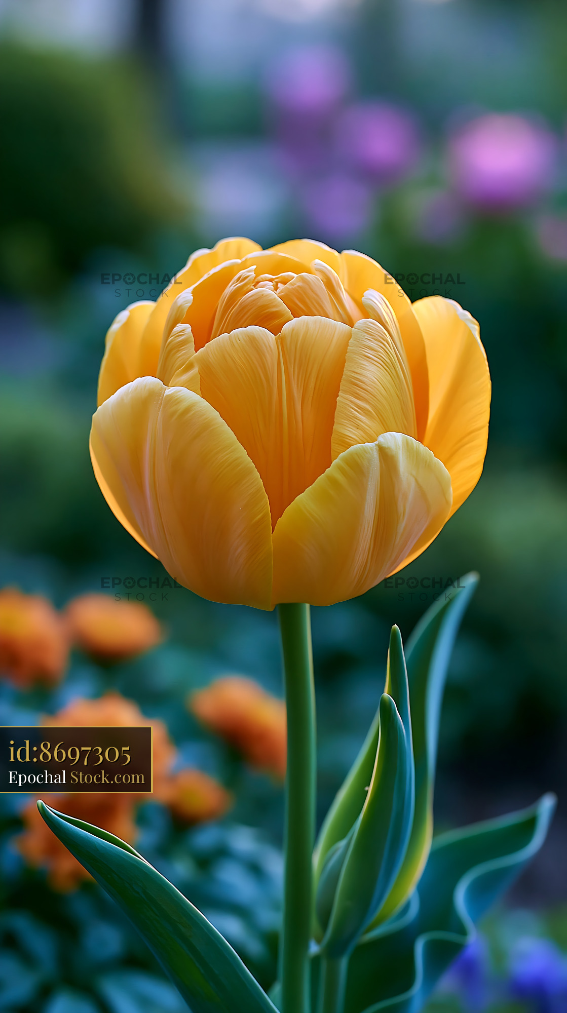 Vibrant yellow tulip open and blooming in a lush spring garden - stock photo