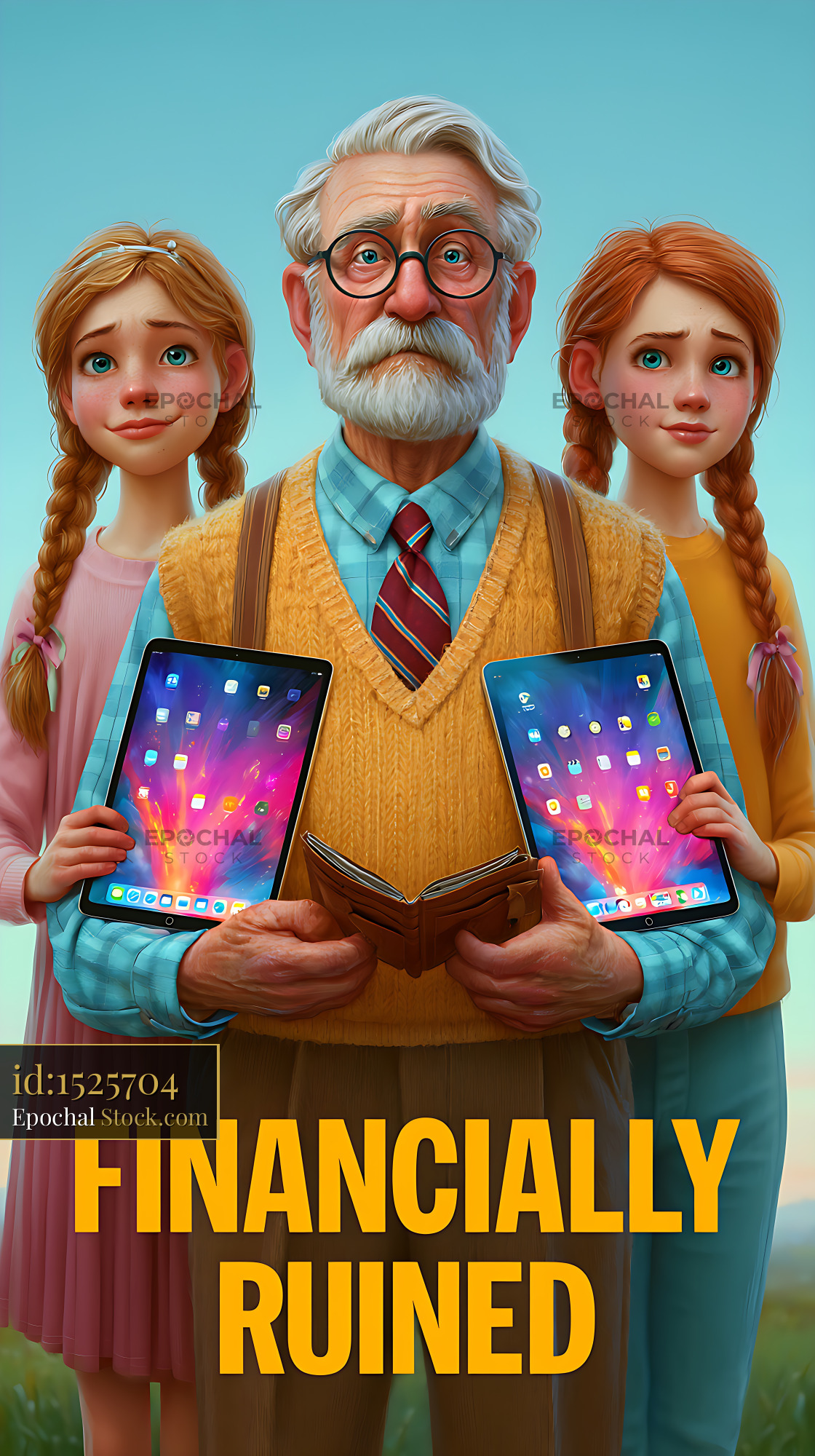 Senior man holding an empty wallet between granddaughters with tablets - stock photo
