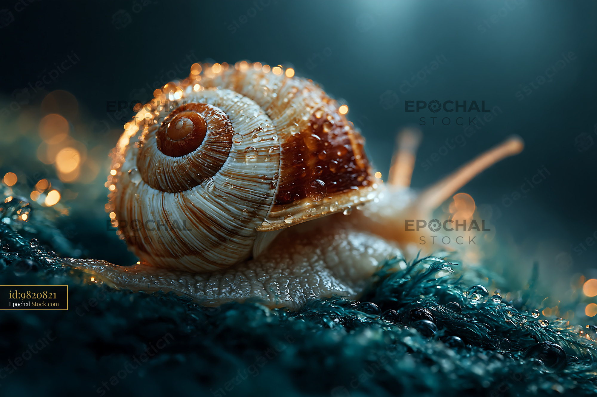 Snail with detailed shell crawling on wet moss in golden light - stock photo