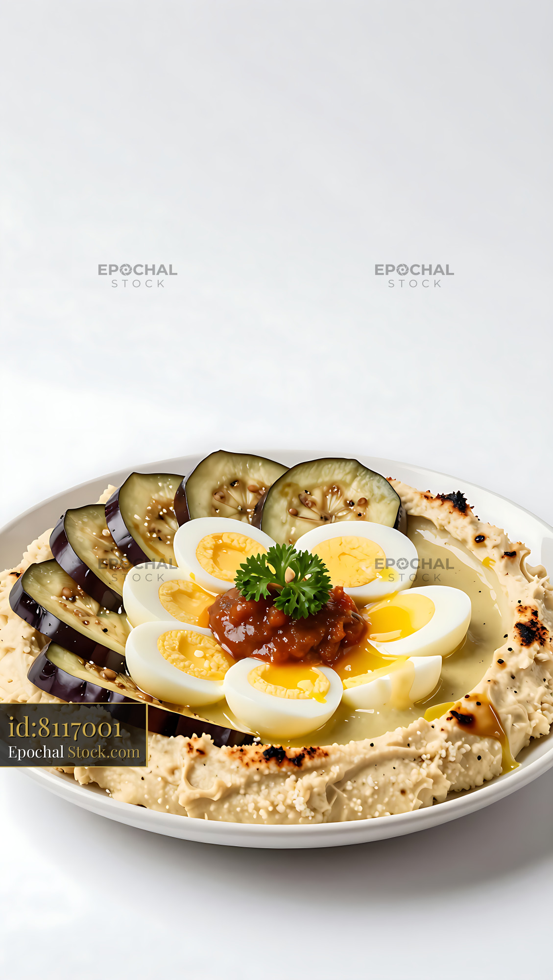 Traditional Israeli sabich platter with hummus, eggs, and eggplant - stock photo