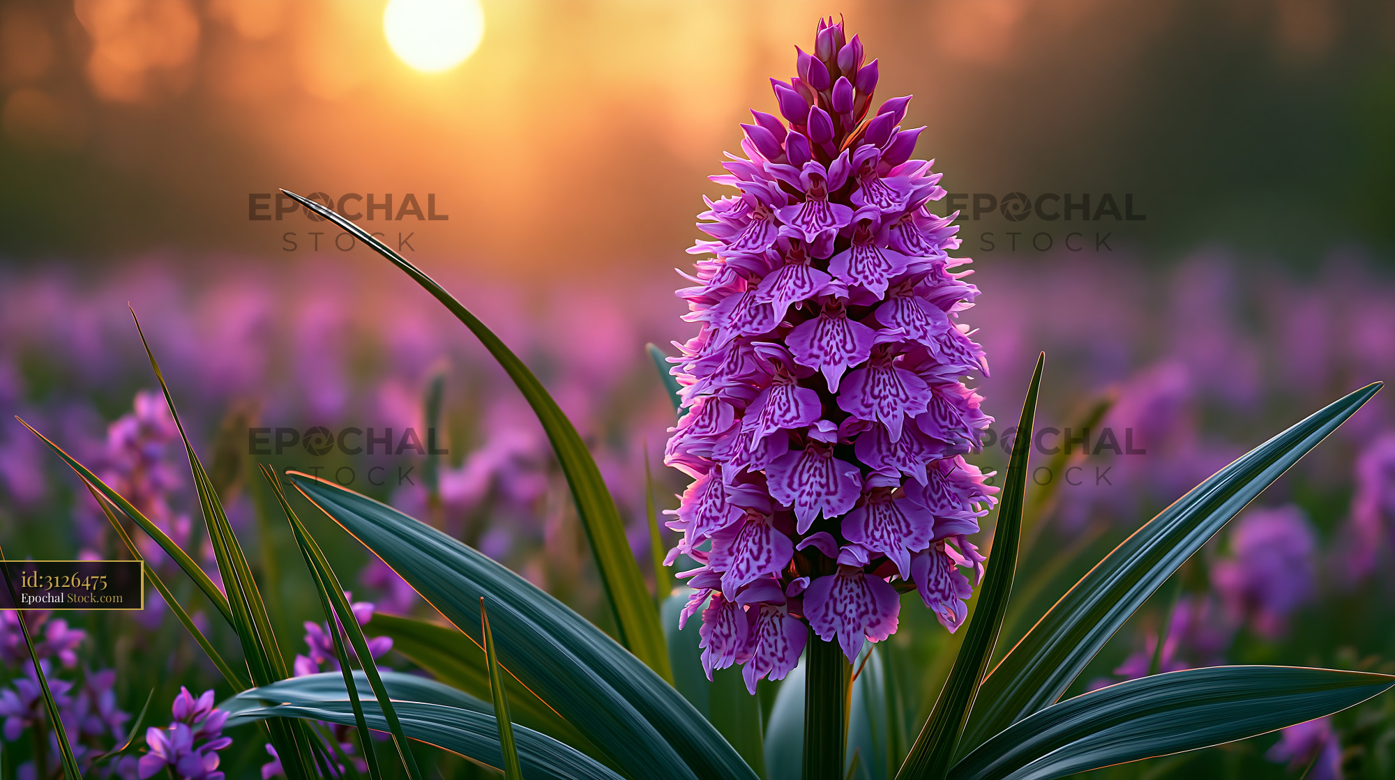 Purple wild orchid in a Kent orchid meadow at sunset
