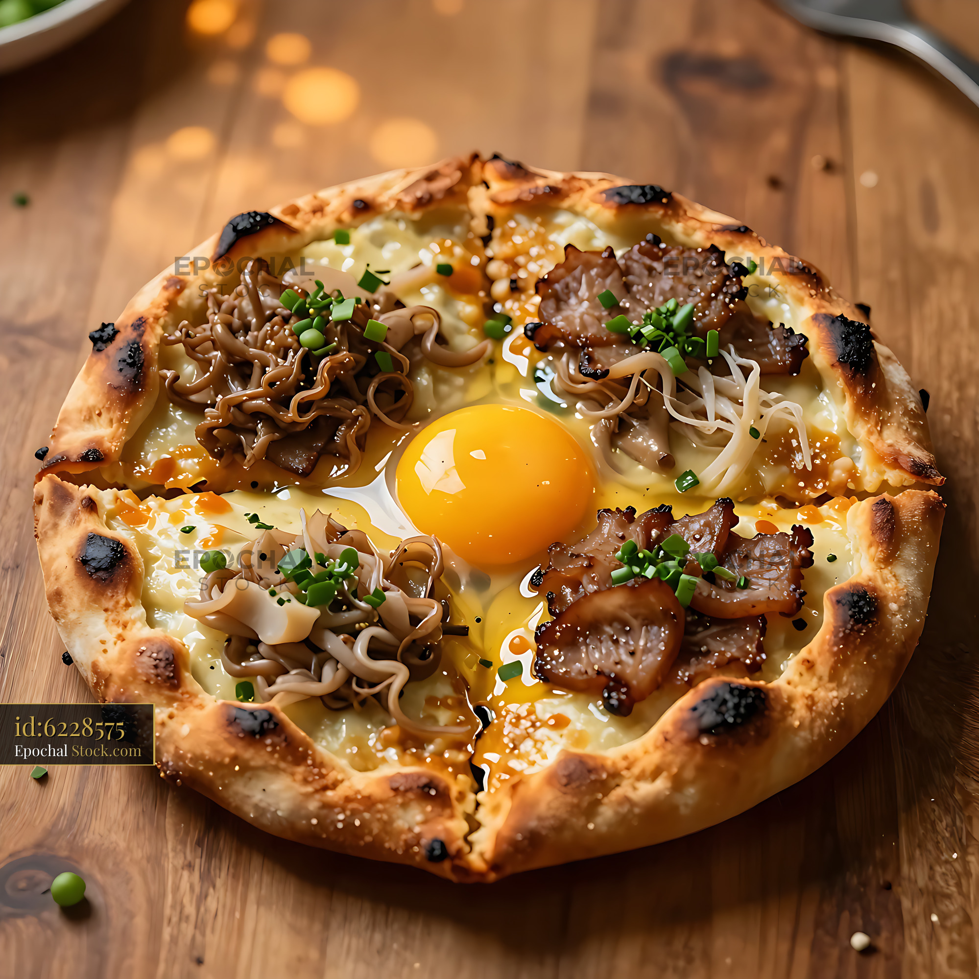 Gourmet calzone quattro stagioni with egg crown on wooden table