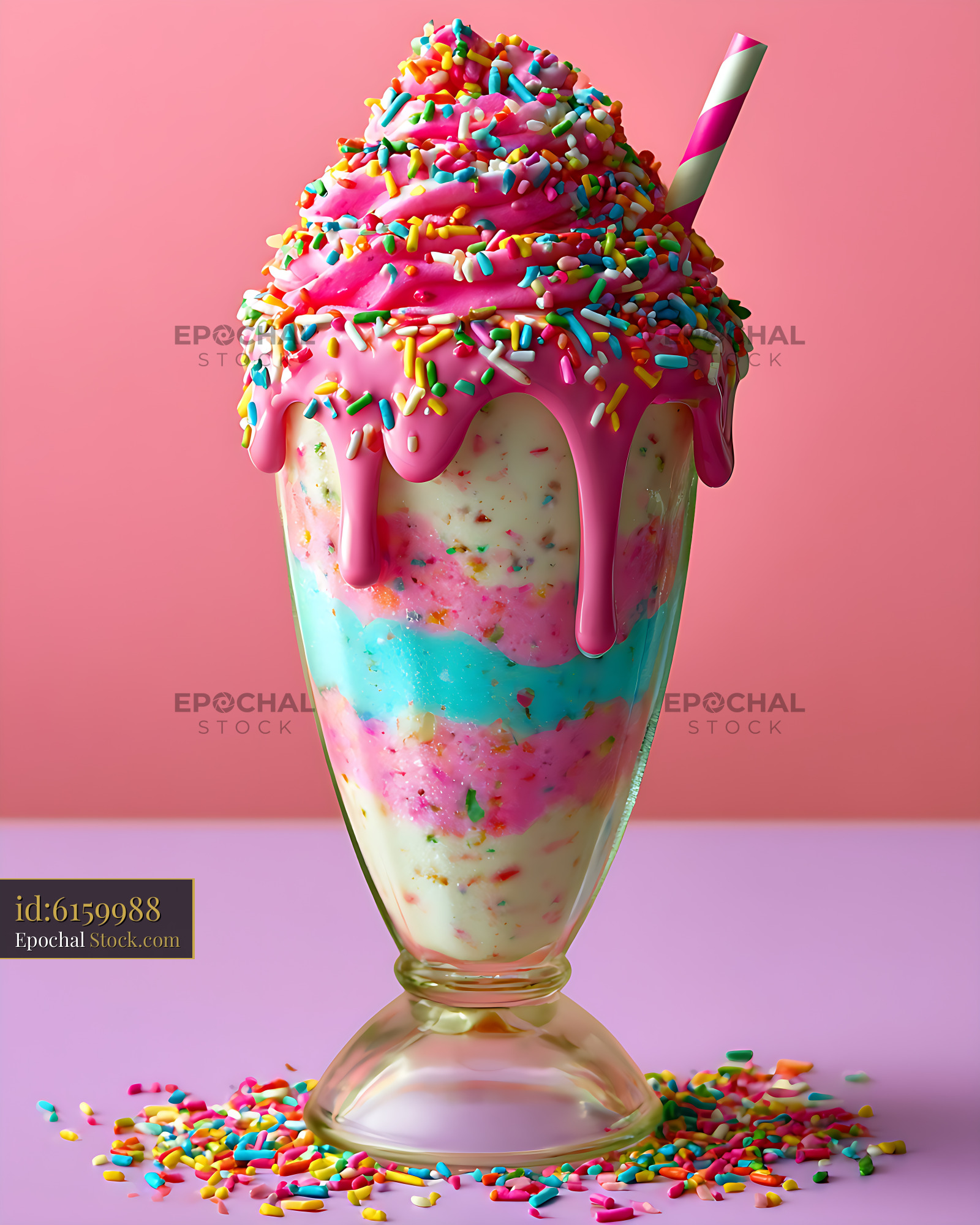 Colorful birthday cake batter milkshake with pink frosting and sprinkl