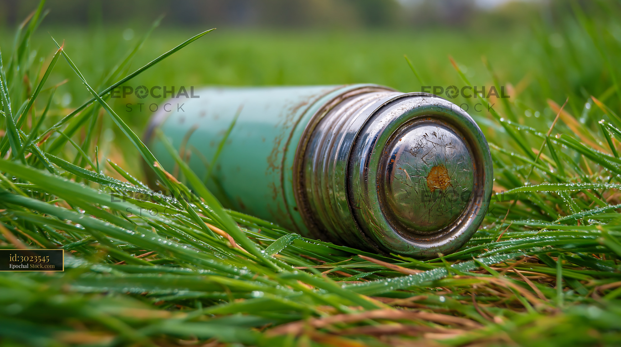 Vintage thermos flask lying in green spring grass with morning dew