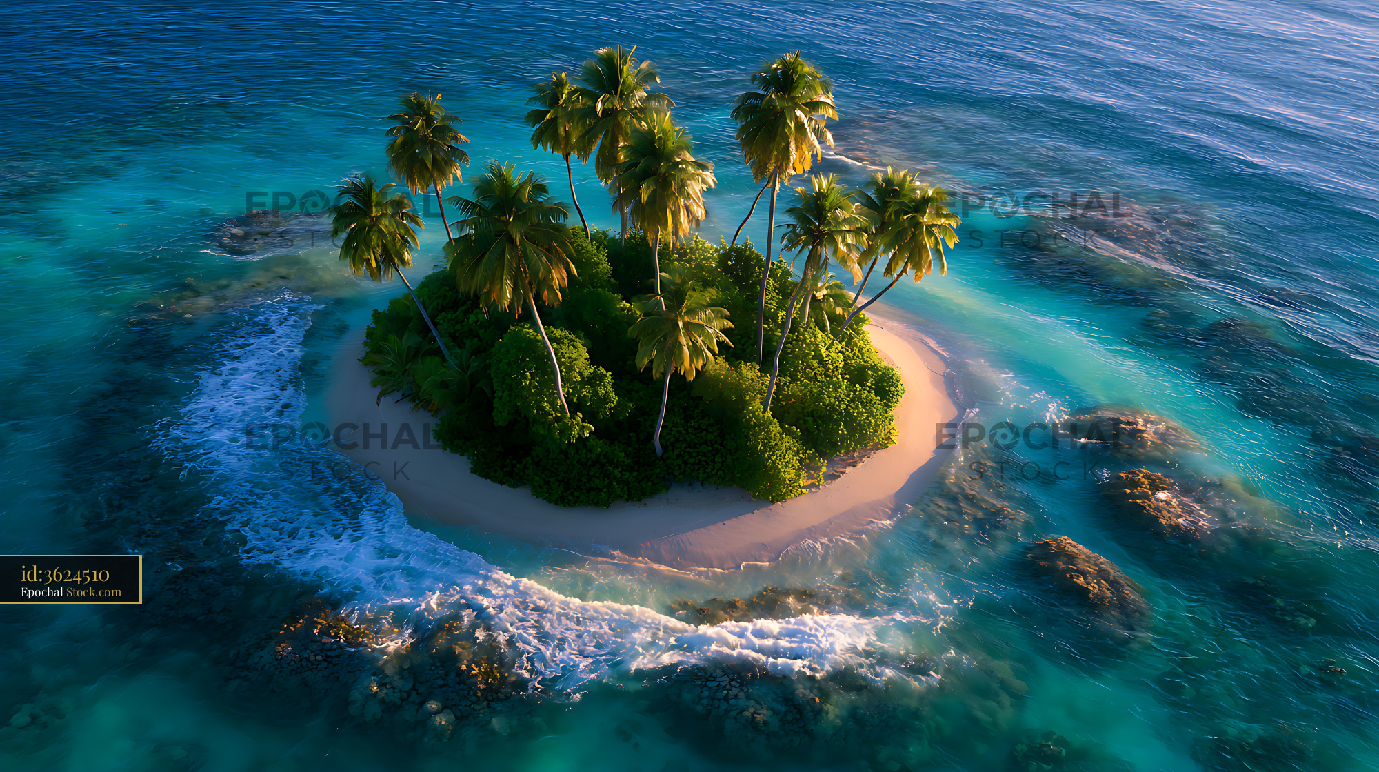 Aerial view of a lush coral atoll palm island in turquoise ocean