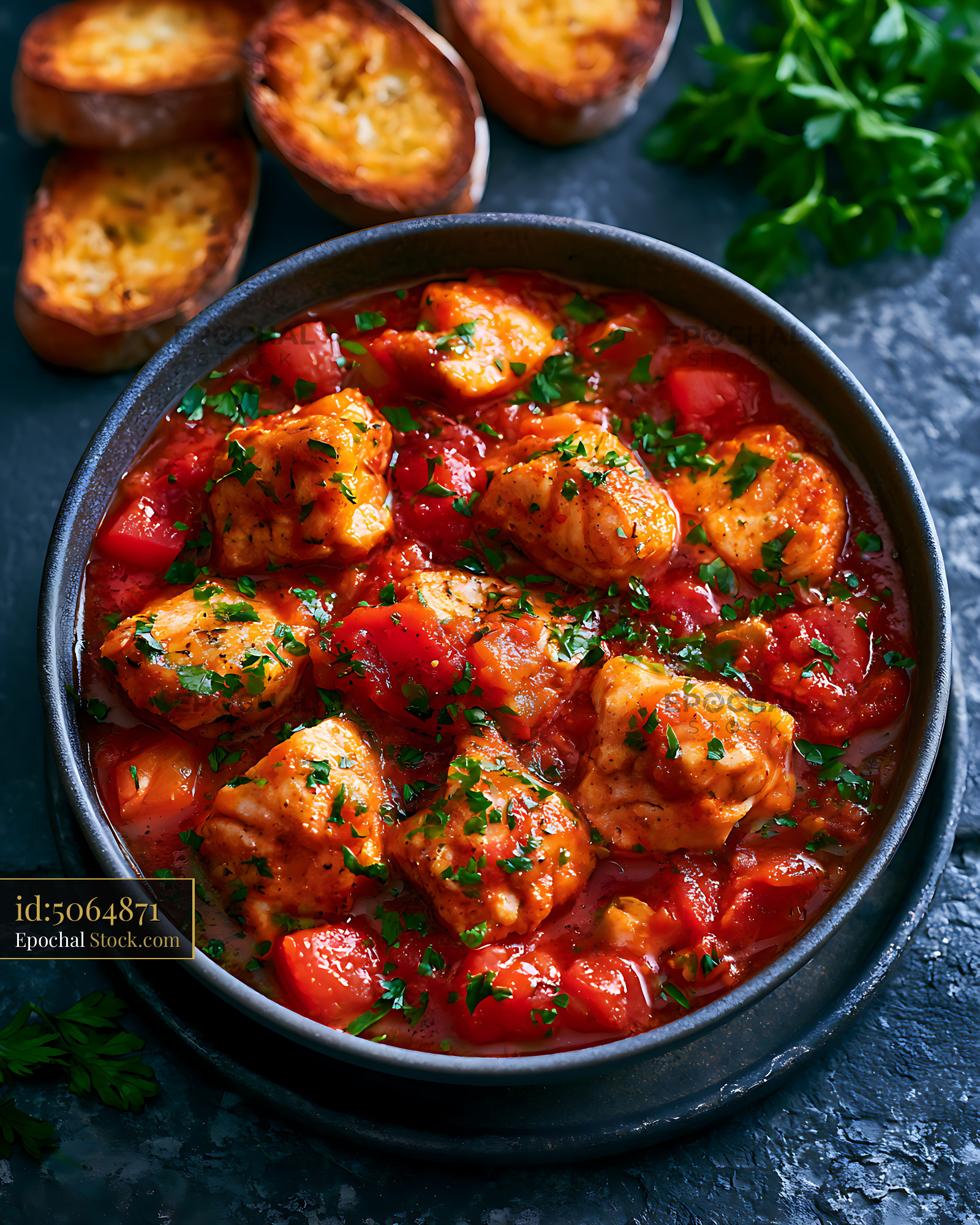 Traditional cacciucco livornese fish stew in tomato sauce with bread - stock photo