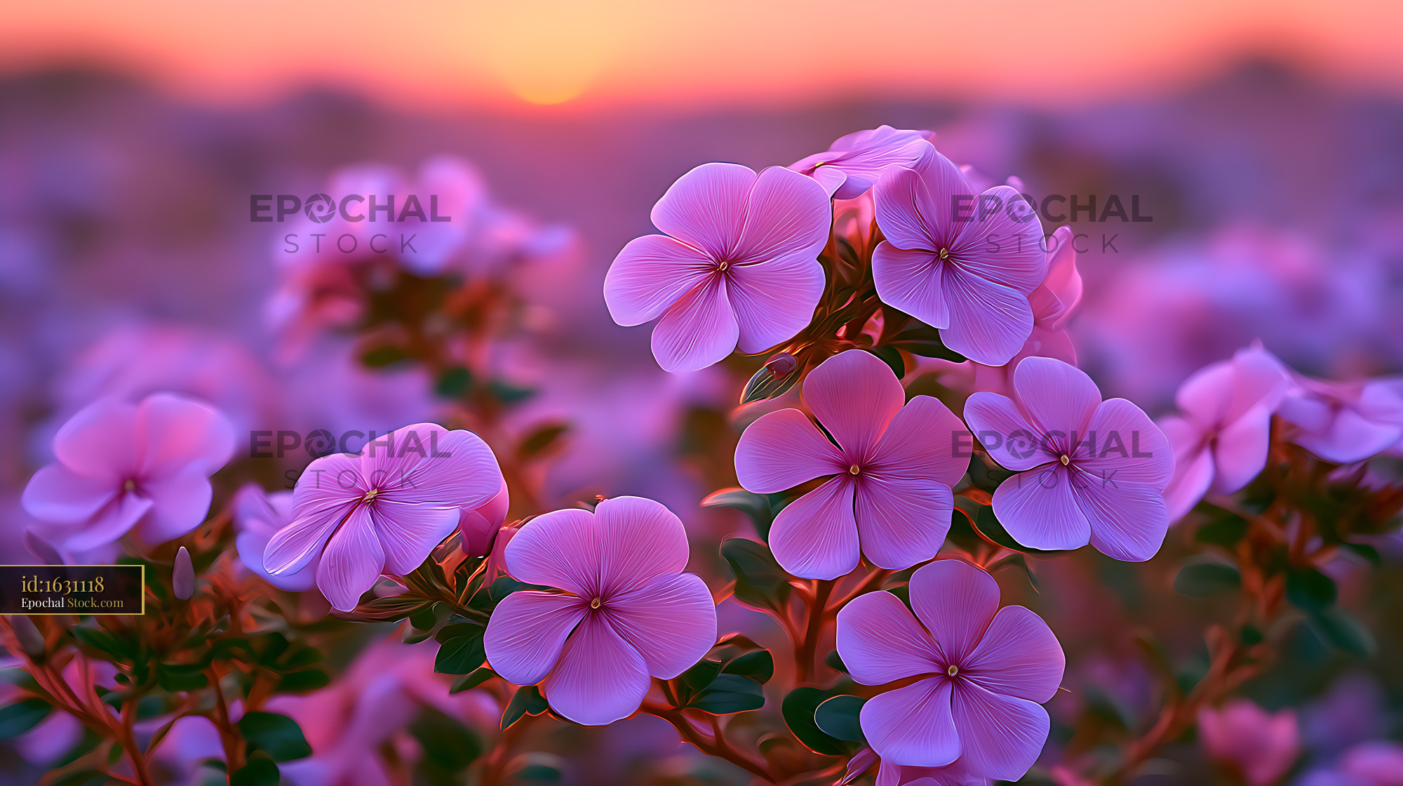 Vibrant Madagascar periwinkle flowers blooming in a wild field at suns - stock photo