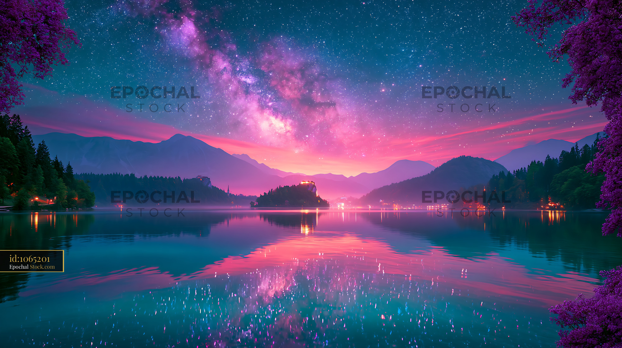 Vibrant Milky Way over a lake and mediterranean cliffs night - stock photo