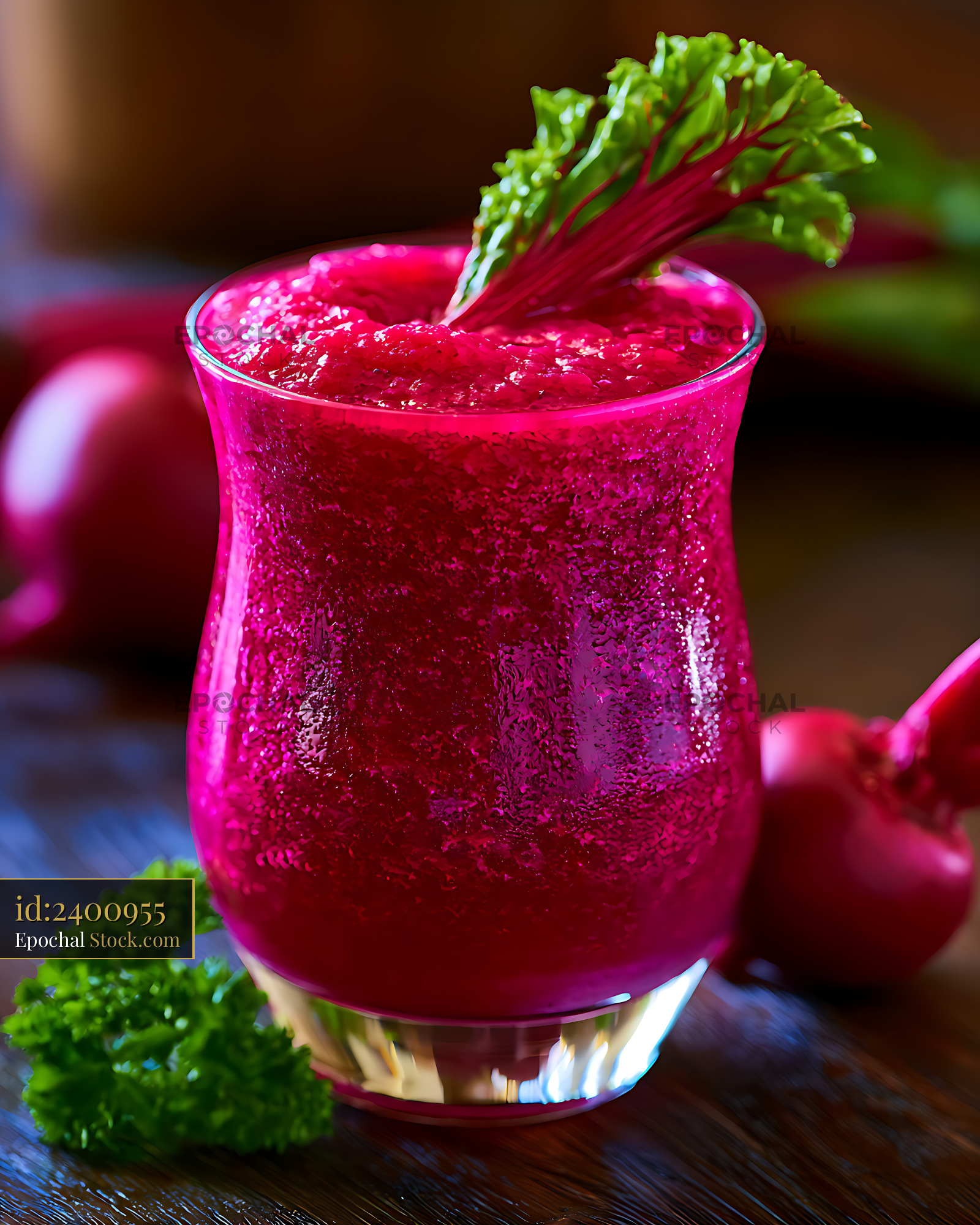 Fresh russian beetroot smoothie in a glass with green leaf garnish - stock photo