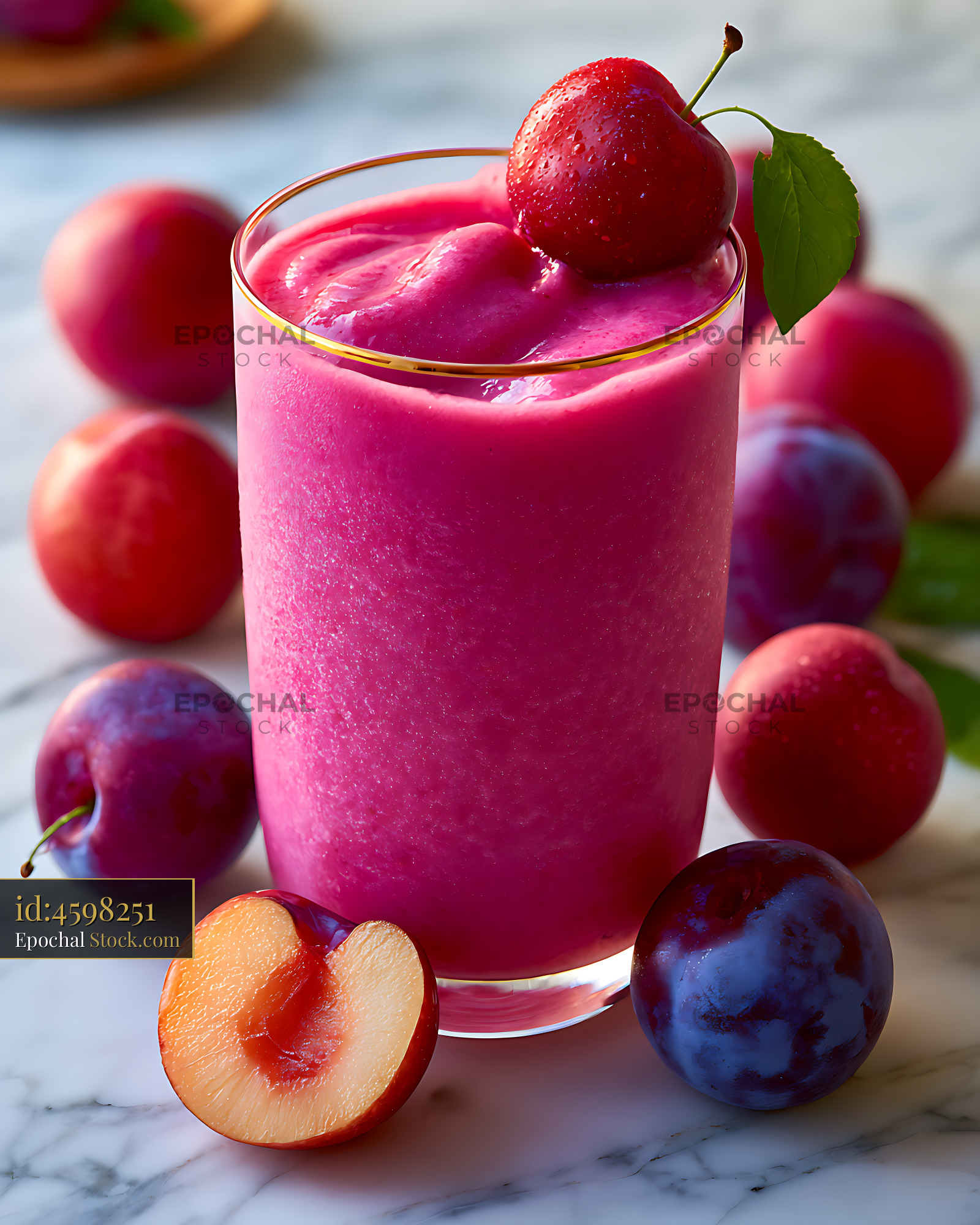 Vibrant plum vanilla smoothie in a glass with fresh fruit on marble - stock photo