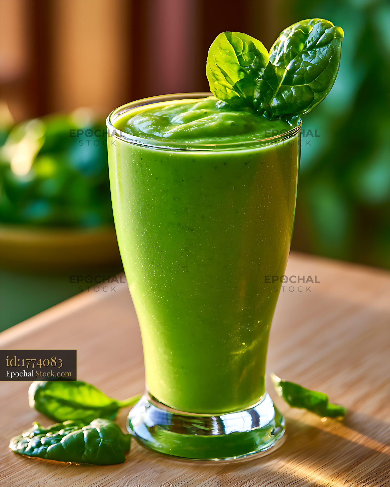 Fresh green iron rich smoothie in glass garnished with spinach - stock photo
