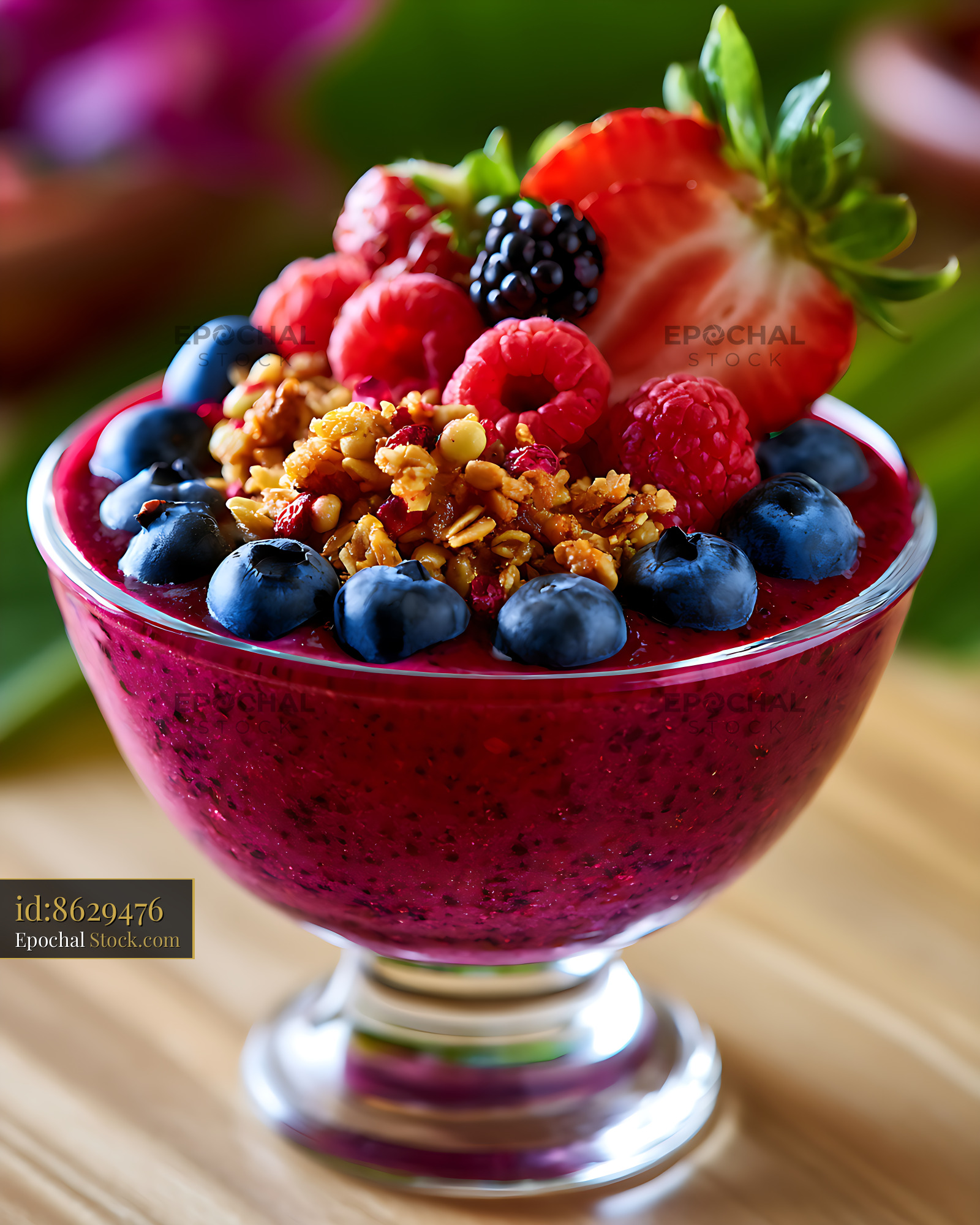 Healthy acai berry bowl smoothie topped with fresh berries and granola - stock photo