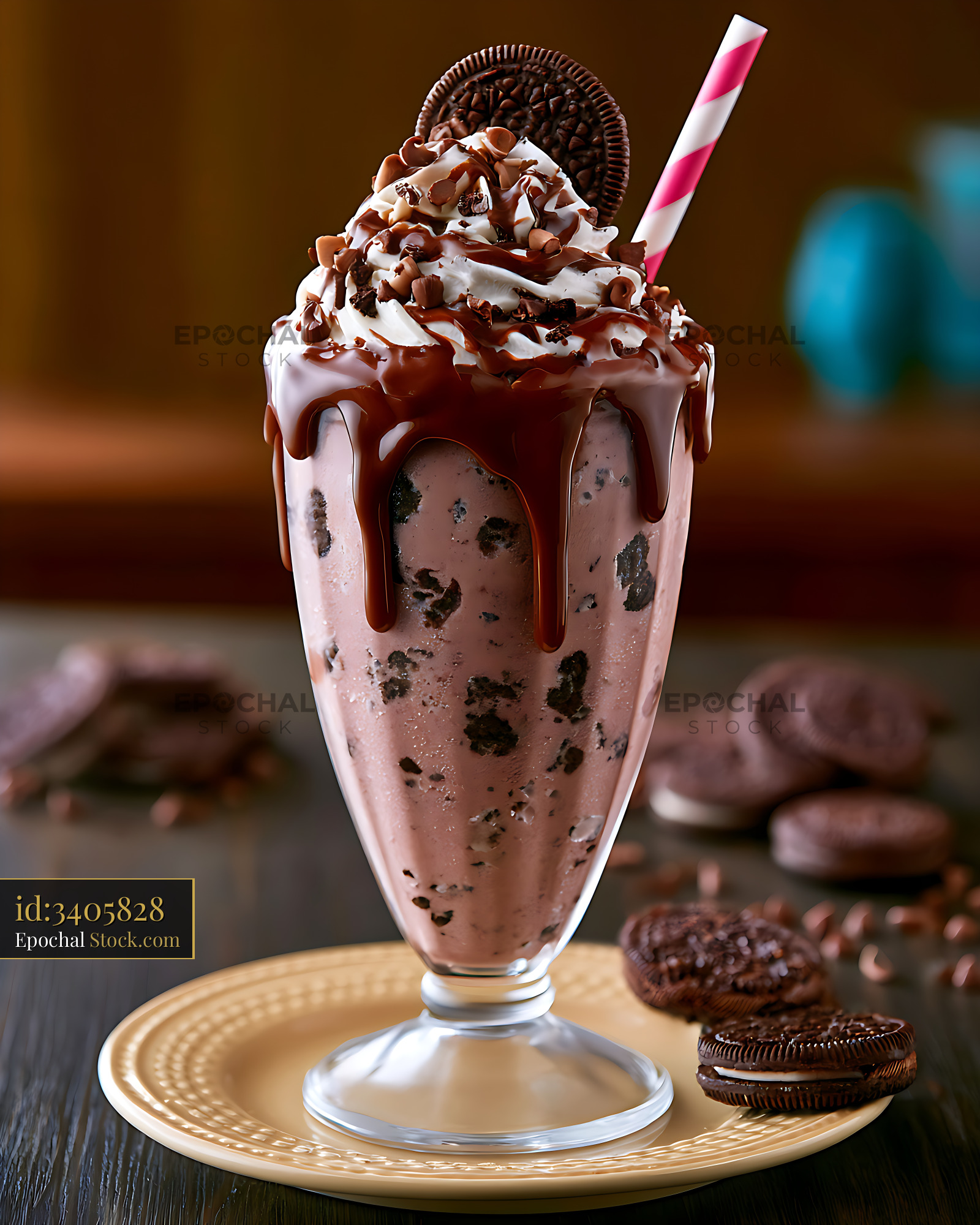 Chocolate cookie milkshake with whipped cream and drizzled sauce - stock photo