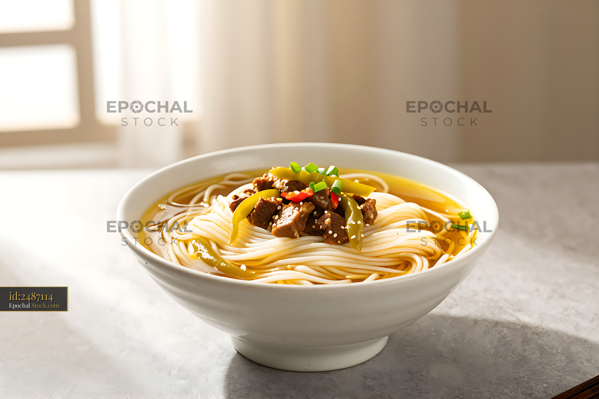 Pao Jiao Niu Rou Mian with pickled peppers and beef in a white bowl - stock photo