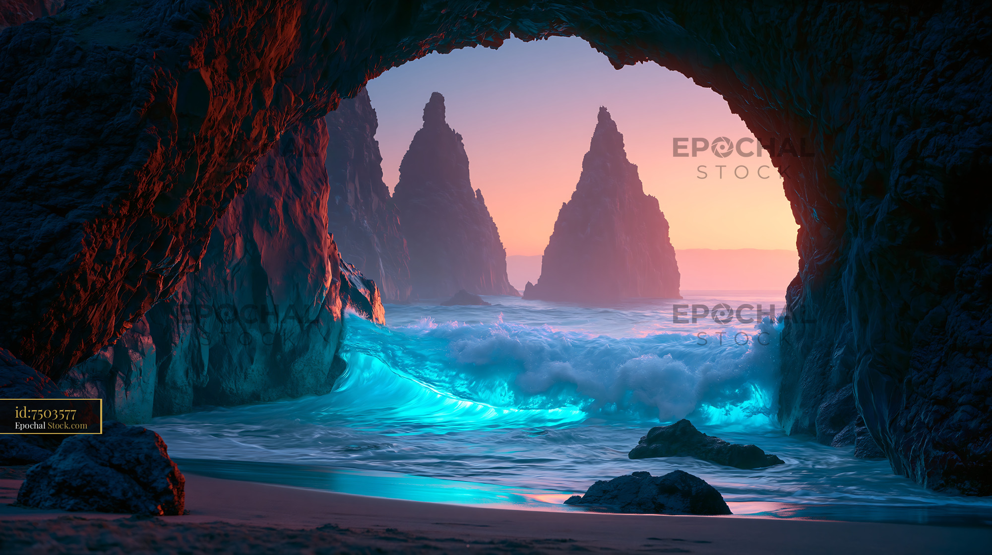 View from a sea cave of rock stacks on stromboli black lava sand shore