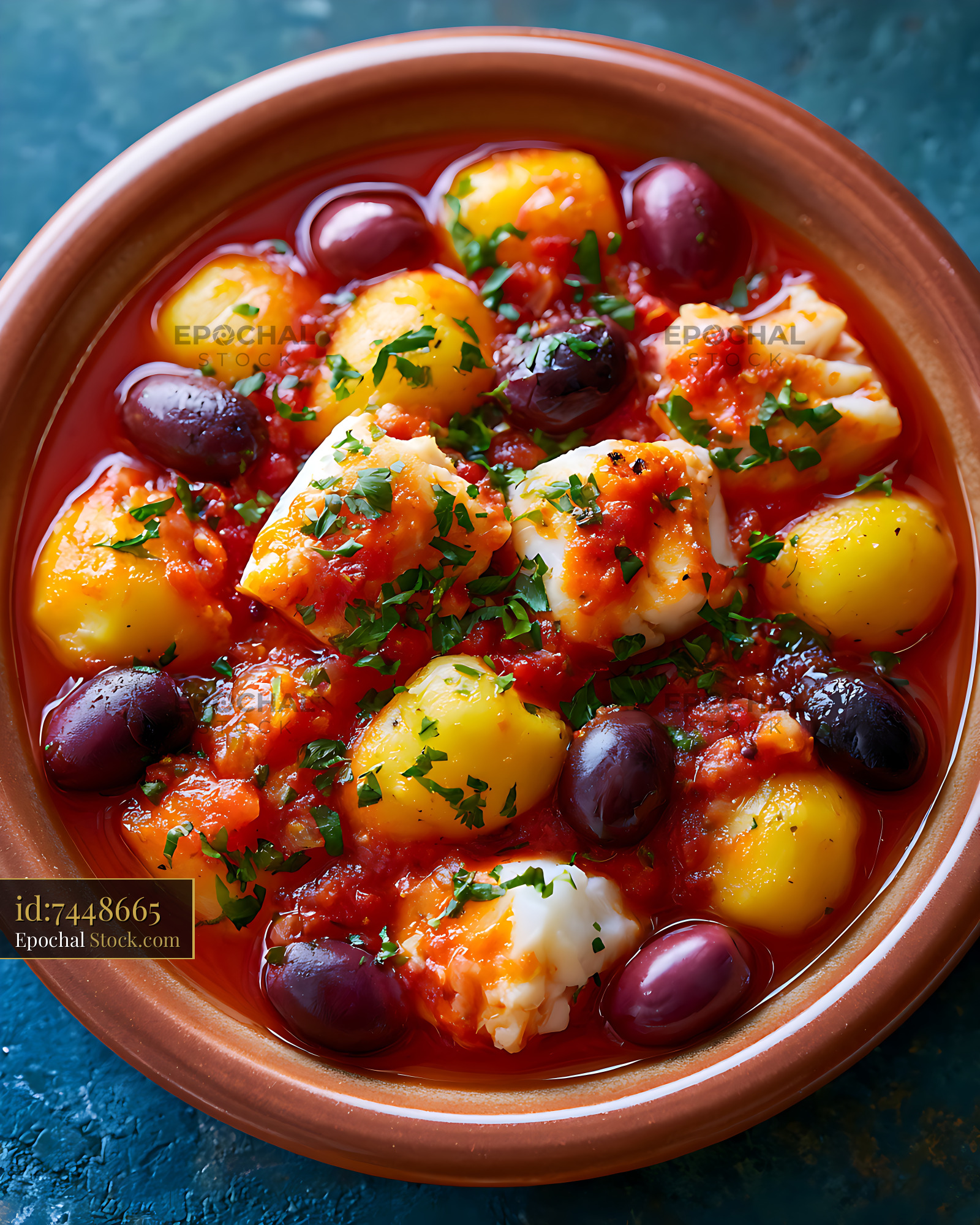 Stoccafisso accomodato ligure with potatoes and olives in a bowl - stock photo