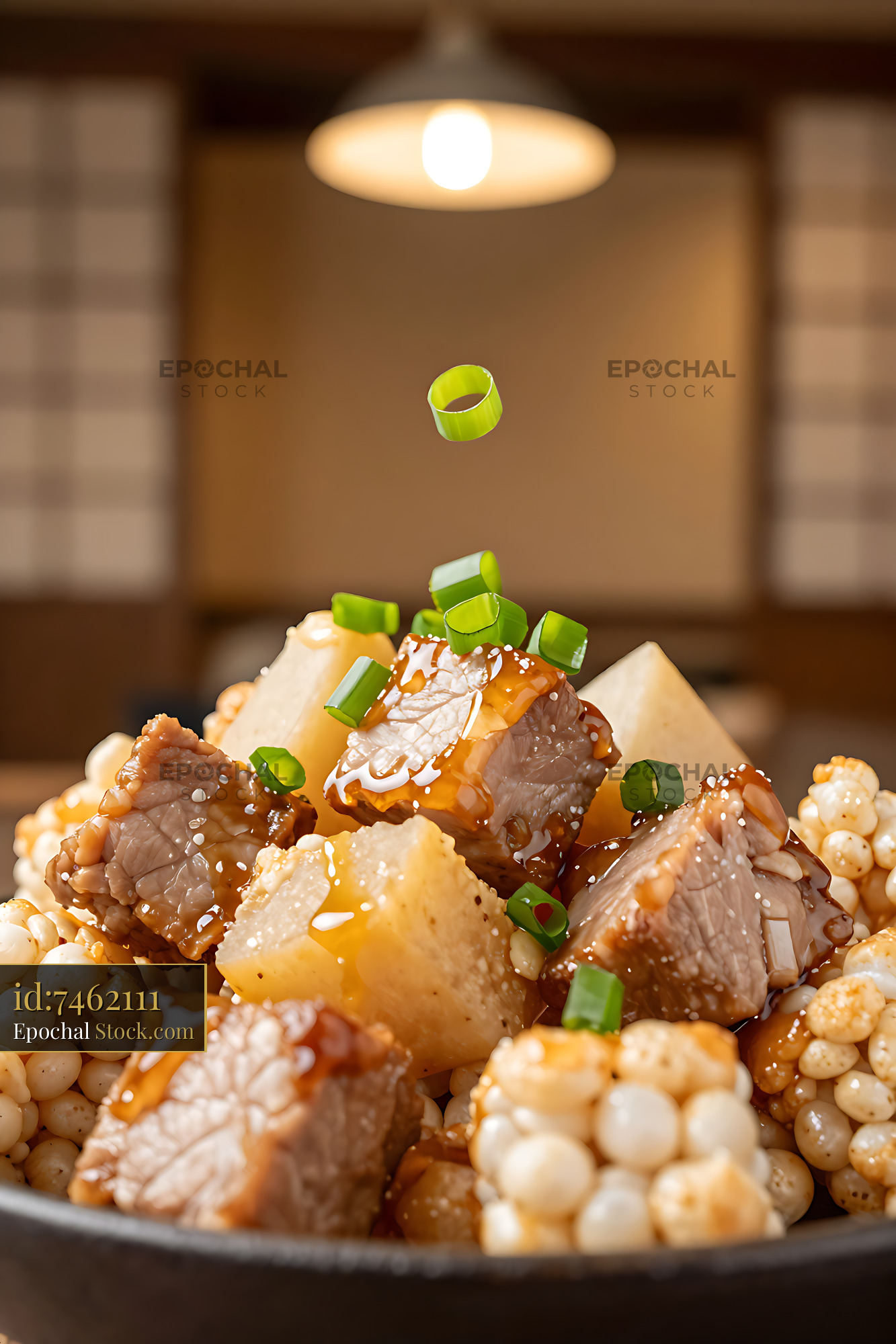 Aomori Tsugaru Senbei Jiru Buta with braised pork and green onions - stock photo
